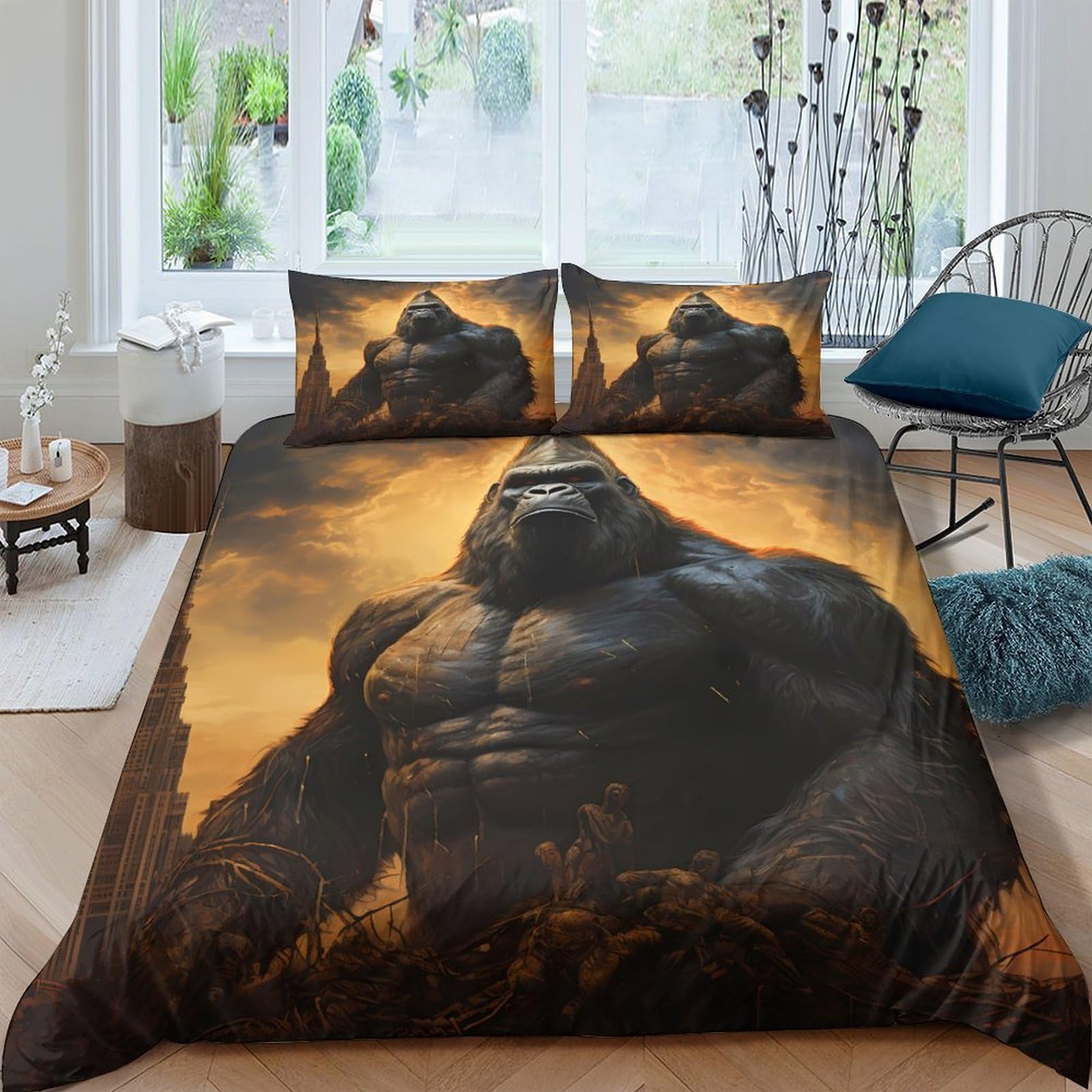 GPLZQXKJNH 3D Printed Giant Gorilla Duvet Cover Microfiber Soft Breathable Sunset Jungle Bedding Set with 2 Pillowcases for Bedroom Decor Single（135x200cm）