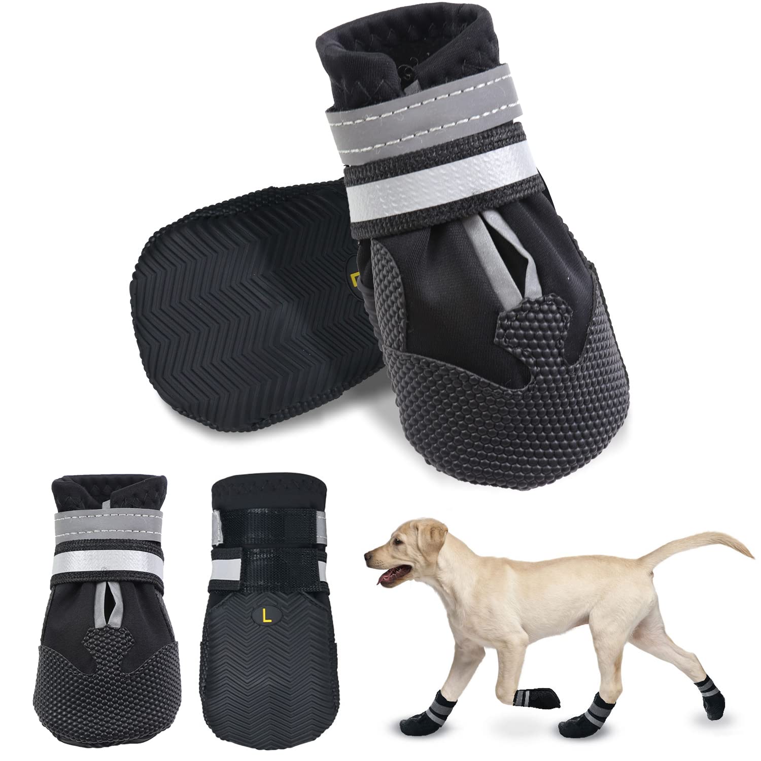 Bottes Chien, Ensemble de 4 Chaussures pour Chiens Antidérapant, Bottes de Protection pour Chien Imperméable pour Chiens de Taille Moyenne et Grande (L, Noir)