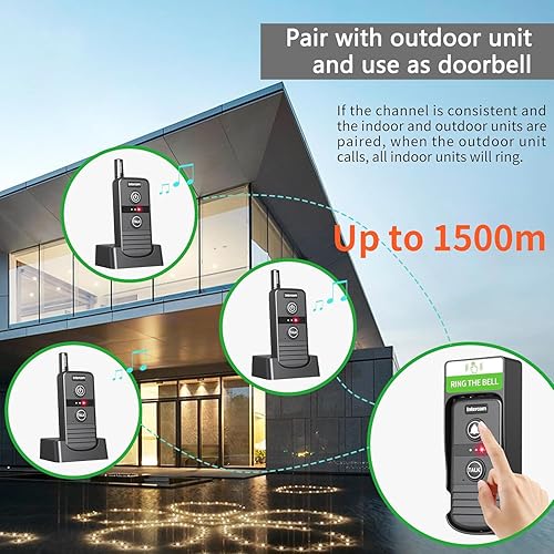Miniatura 7 de Intercomunicadores para el hogar, sistema de intercomunicación inalámbrico, rango de comunicación de 4900 pies IP44 impermeable 1-16 canales para