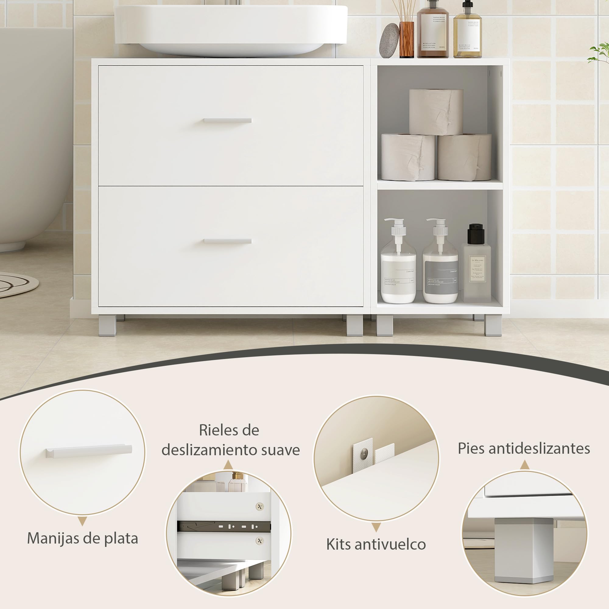 HOMCOM Mueble Bajo Lavabo, Mueble Baño para Pedestal 90x30x60 cm Blanco | 2 Cajones, 2 Estantes Abiertos, Estilo Moderno