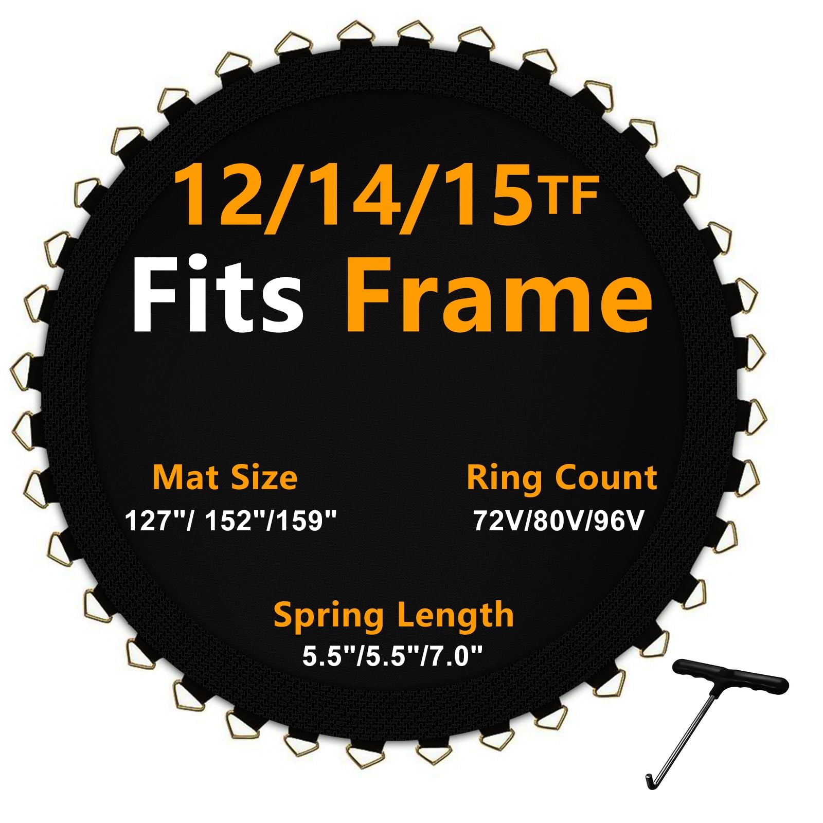 Trampoline Mat Replacement Fits 12FT/14FT/15FT Frames for Choose, Trampoline Mat with 72/80/96 V-Rings and w/Spring Tool, Jumping Mat for Reinforce, UV-Resistant, Not Include Spring