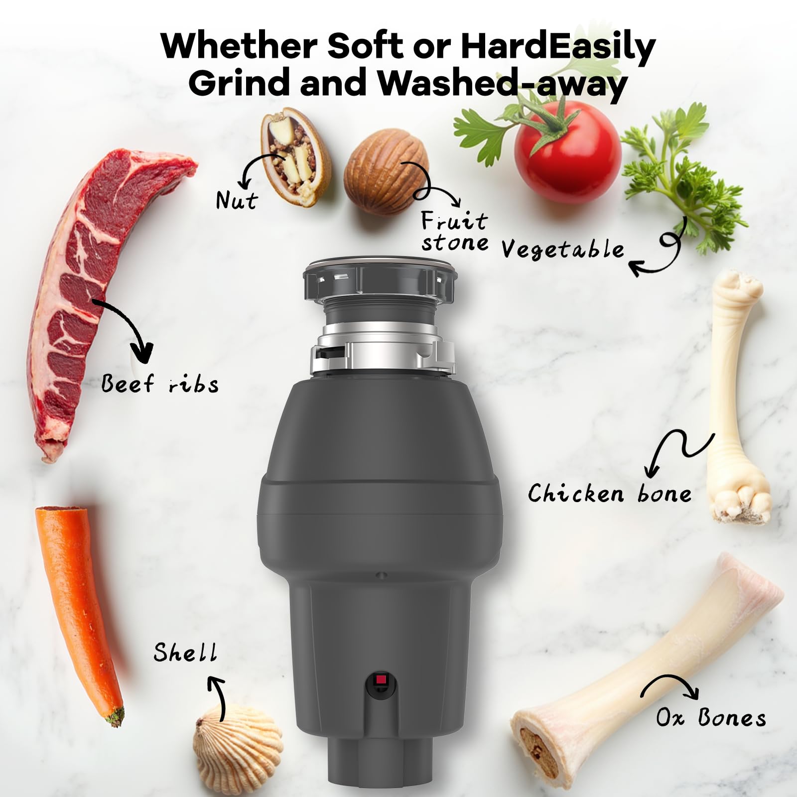 GarveeTech Triturador de basura de 1/2 HP, triturador de residuos de alimentos de alimentación continua con interruptor de aire y sello de brida, triturador de basura de acero inoxidable, triturador