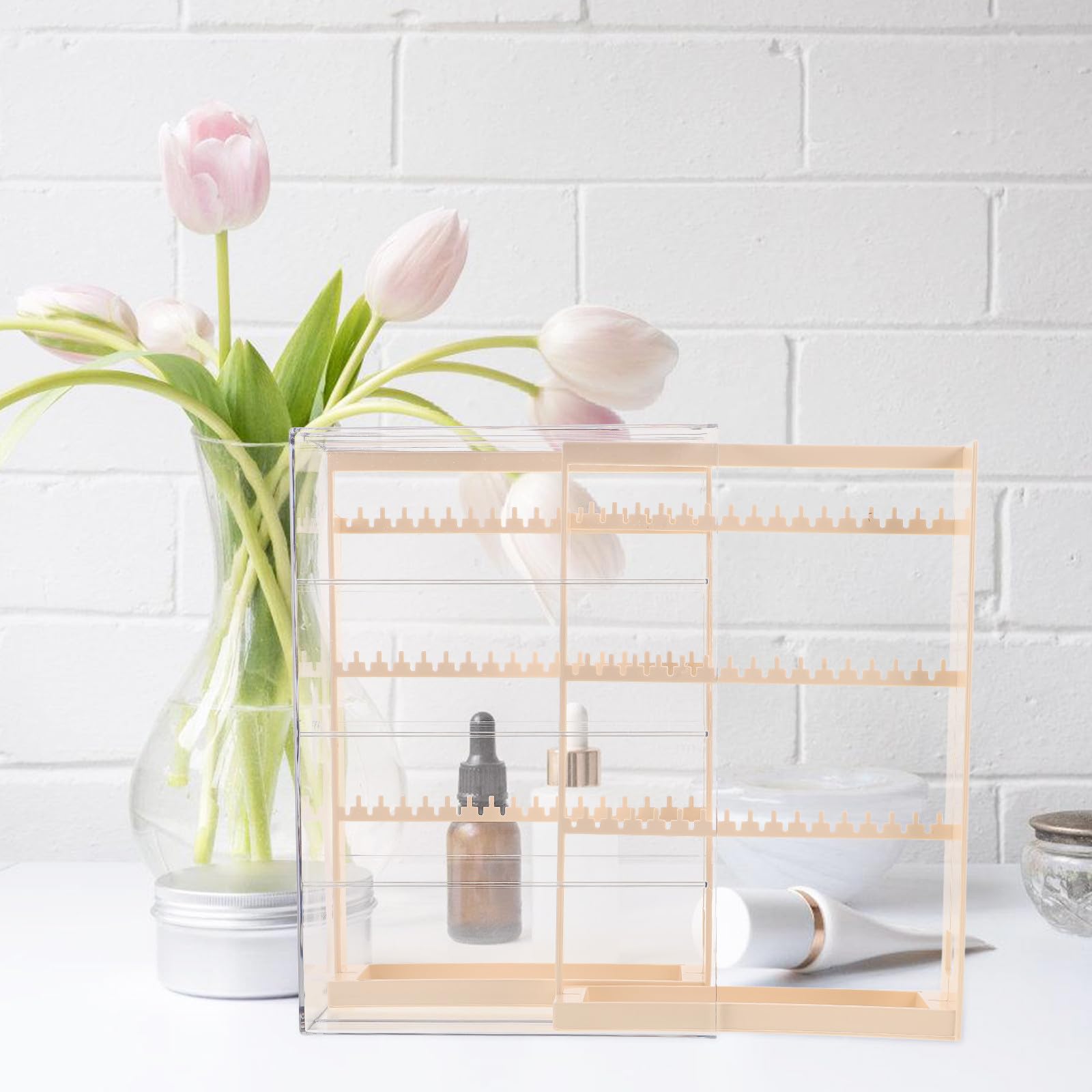 Artibetter Organizador de Joyas Pequeño de 3 Niveles en Color Beige, Soporte para Pendientes y Collares Almacenamiento Antideslustre, Caja para Exhibir Anillos y Pulseras, Adecuado