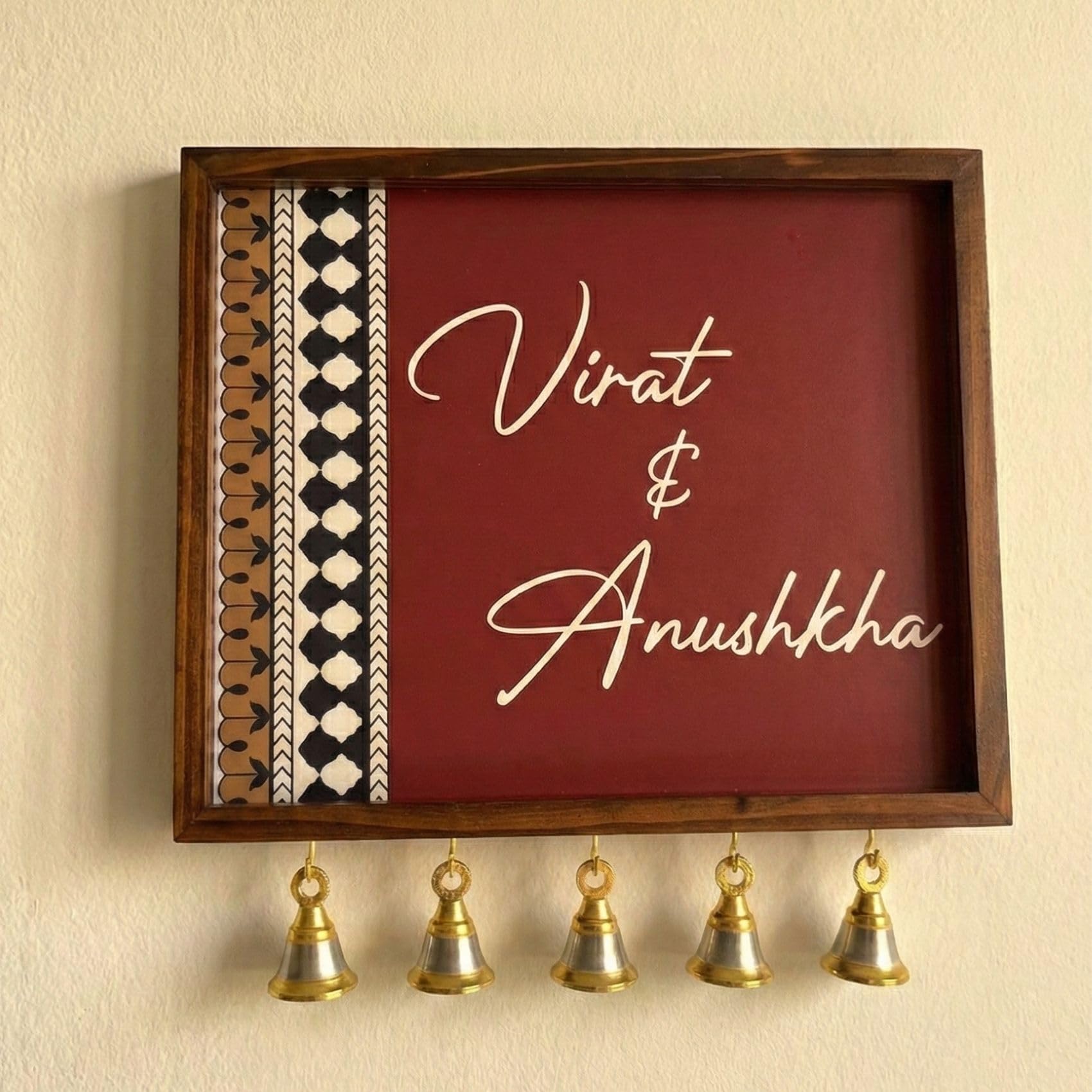 Aesthetic Maroon Wooden Name Plate | Personalized Door Plaque with Traditional Border & Golden Hanging Bells | Handcrafted Entrance Sign (10x12 Inches)-image-9