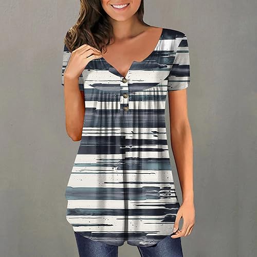 Miniatura 2 de Camisetas de verano de manga corta para mujer, cuello en V, cuello en V, camisetas Henley florales, blusas básicas de ajuste holgado