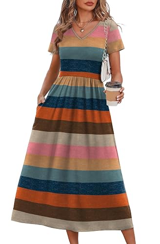 OFEEFAN Summer Dresses for Women Flowy Casual A-Line Midi Dress Beach Vacation Sundresses with Pockets S-2XL