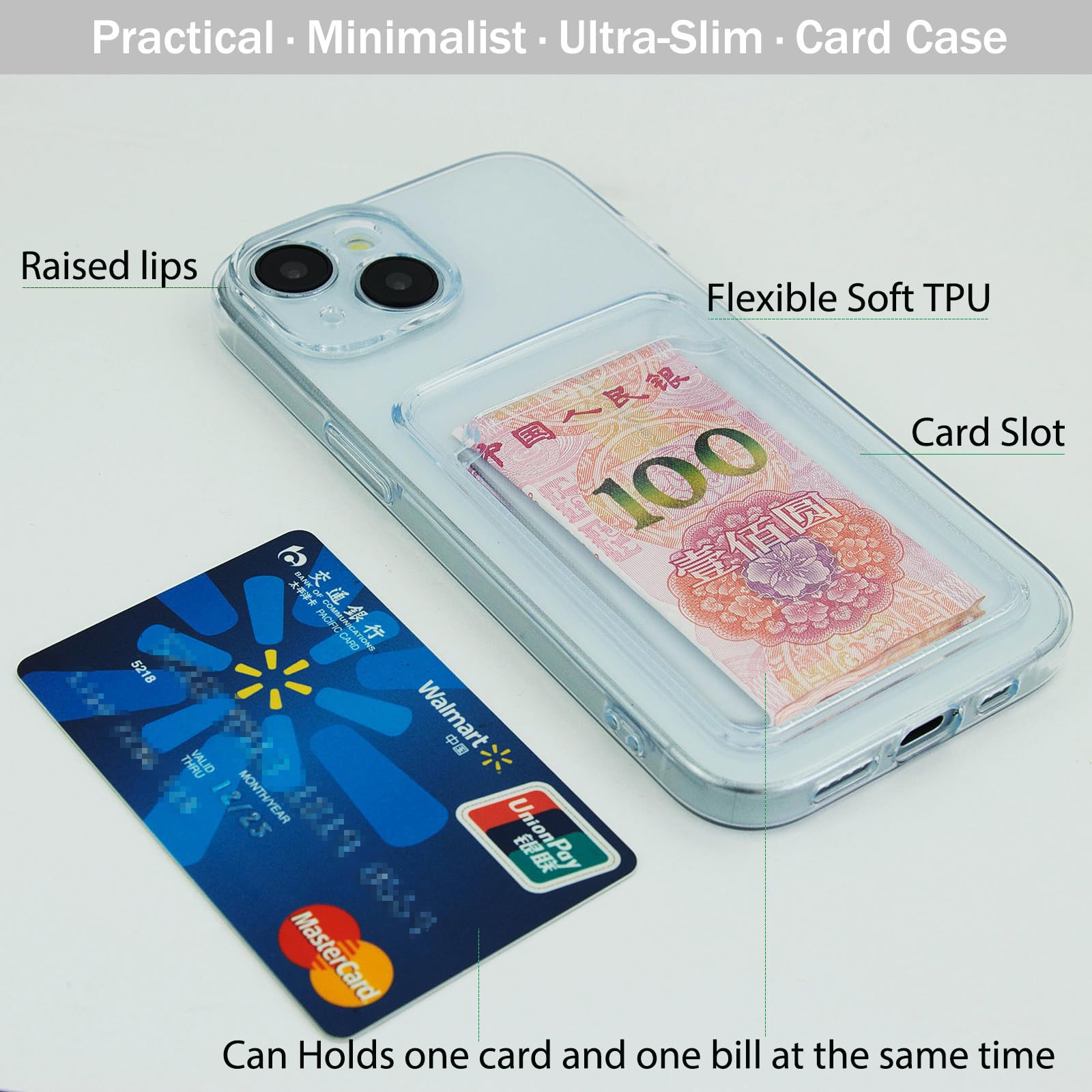 Chengyuanfeng Cover Trasparente per iPhone 15 con Porta Carte, Custodia Ultra-Sottile 1,5 mm in TPU Antigiallo Antiurto, Minimalista con Slot per 1 Carta, per Pendolari, Metro e Pagamenti Contactless