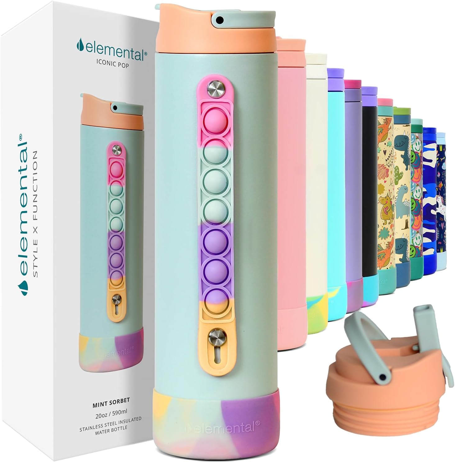 Elemental Iconic Kids Water Bottle for School - 100% Leak-Proof Insulated Water Bottles with Straw Lid & Pop-It Handle for Boys & Girls - Triple-Wall Insulated & BPA-Free, 20oz – Mint Sorbet