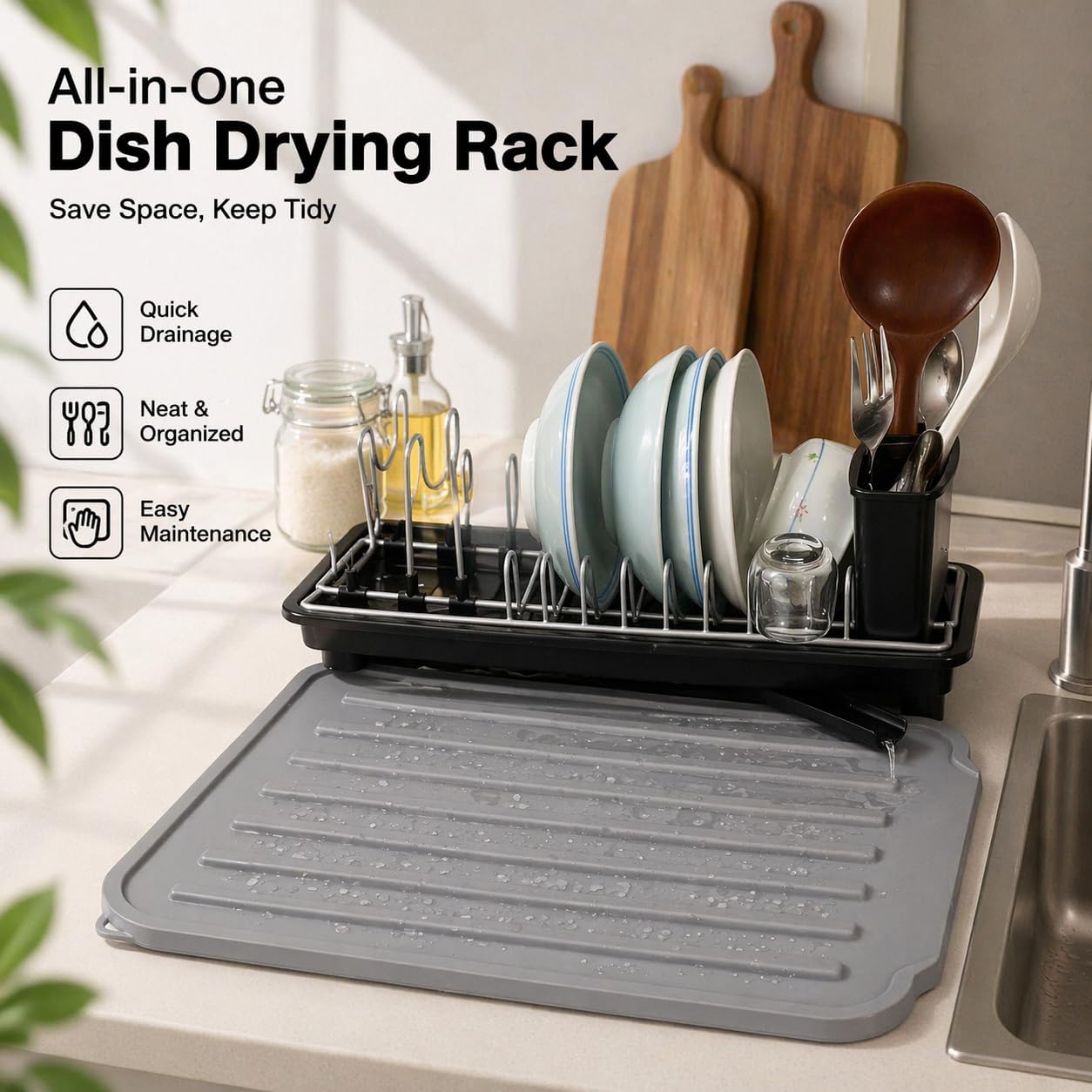 Mistifi Space-Saving Dish Drying Rack for Kitchen coutertop Black | Auto drain spout,Adjustable Drain Slots,Rust-Resistant Steel Frame,Includes Utensil Holder,idea for small kitchen
