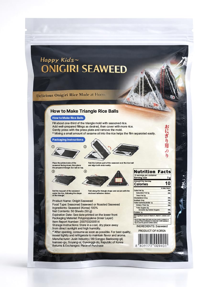 Emballage d'algues coréennes pour boule de riz triangulaire onigiri 40 feuilles avec moule | 40 standard + 24 autocollants d'étanchéité supplémentaires (total 64) – Nori torréfié deux fois, facile à