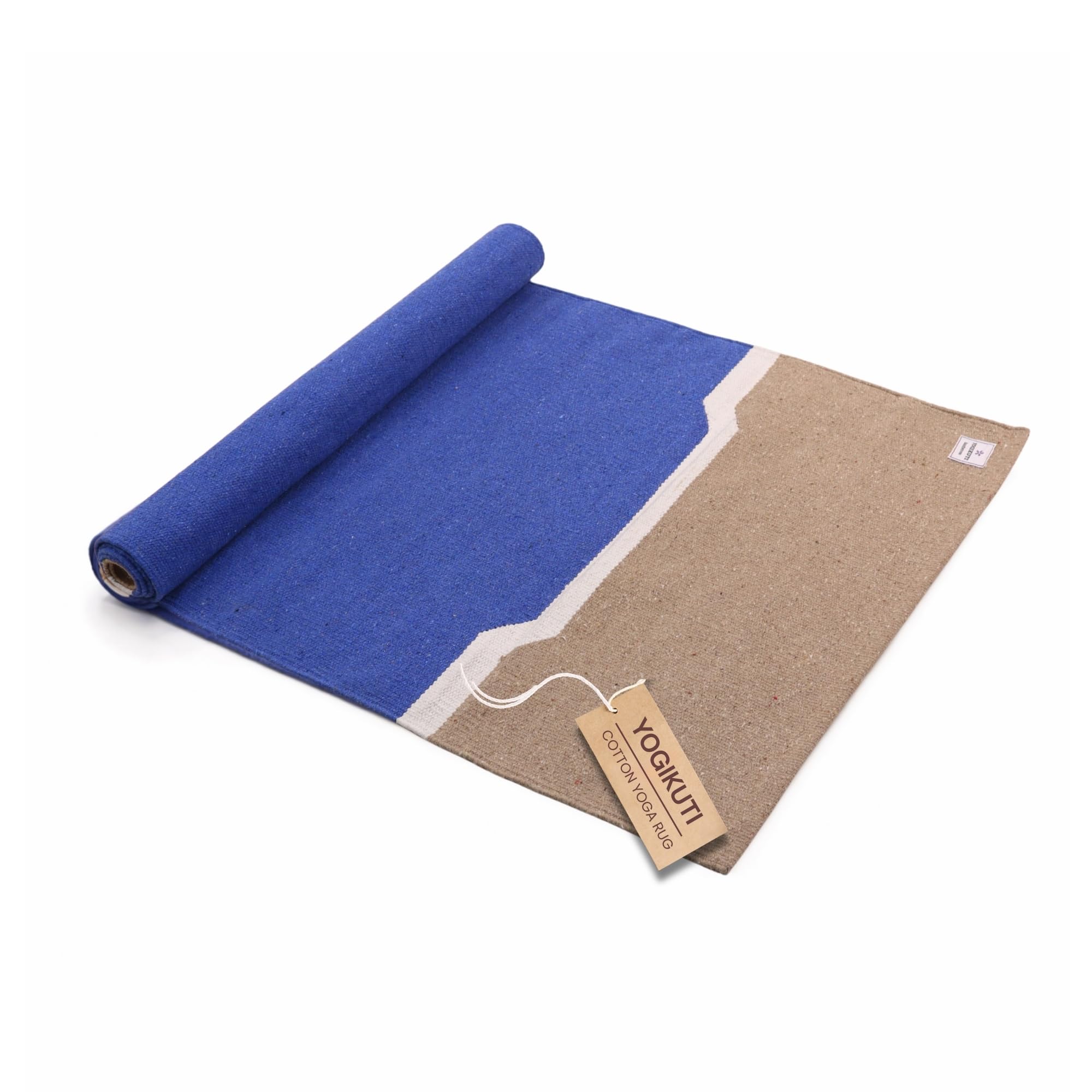 Yogikuti 100% Cotton Yoga Rug/Natural Woven Yoga Mat/Breathable Non-Slip Yoga Carpet for Ashtanga, Iyengar & Meditation Practice/Foldable & Eco-Friendly Yoga Mat (Blue with Cream)