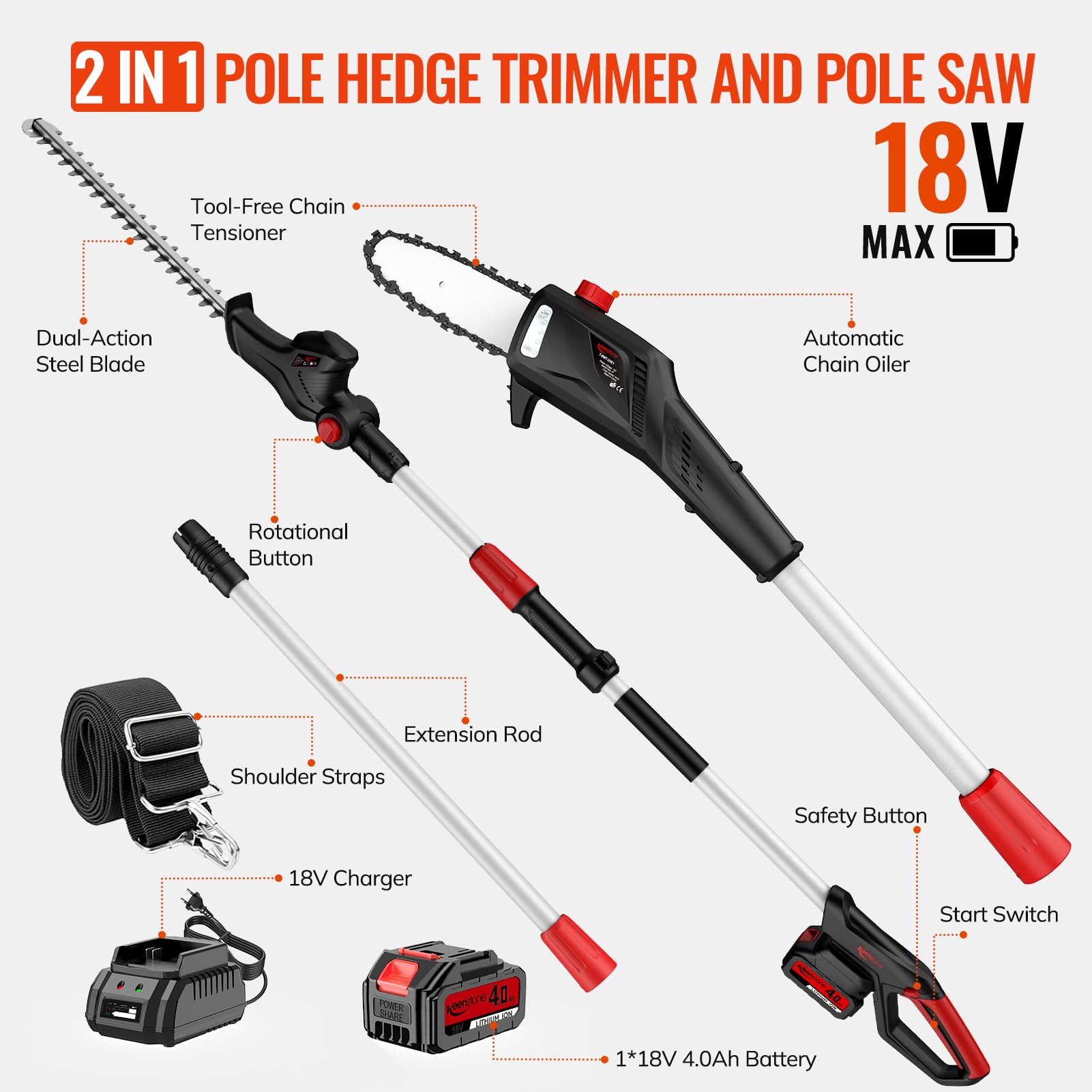 Keenstone Cortasetos y Sierra Pértiga Eléctrica 2 en 1, Barra Sierra 20 cm, Cortasetos 42 cm con Cuchillas Doble Acción, Batería 4,0 Ah y Cargador, para Poda de Árboles y Arbustos