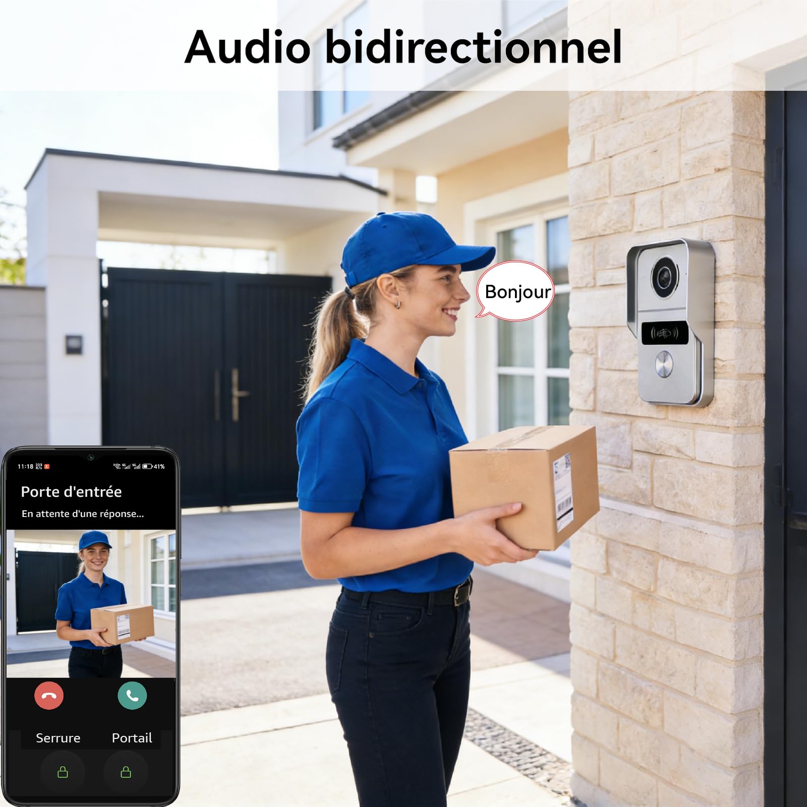 2 Fils Kit Visiophone Connecté Interphone Vidéo, Sonnette vidéo avec Caméra et Ecran Tactile Couleur 7", Déverrouillage de porte/portail à distance,Détection de Personne et Audio Bidirectionnel