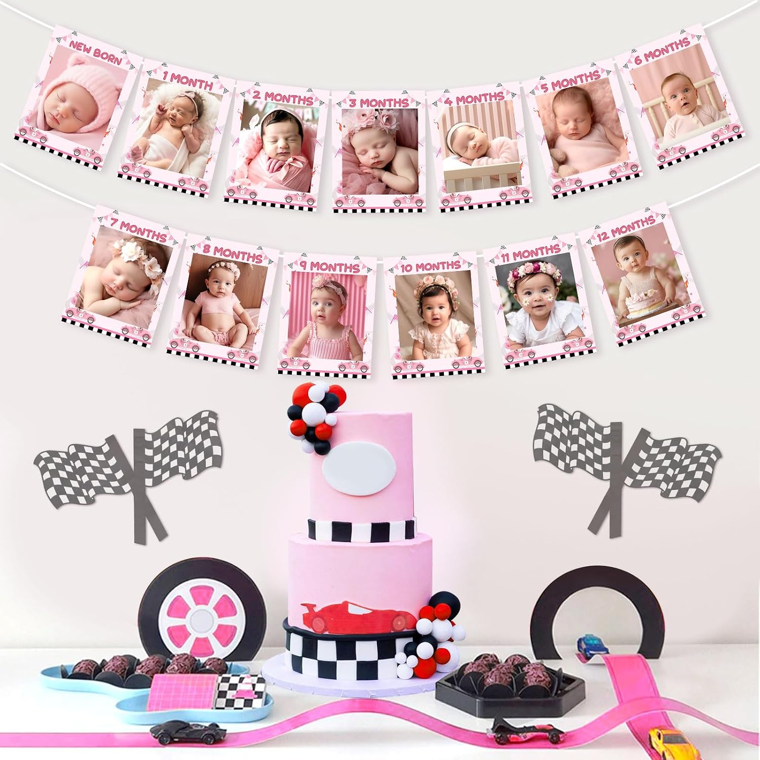 Pink Race Car 1st Birthday Party Decorations Photo Banner, Paper Photo Frame from Newborn to 12 Month, One Year Old Track Sports Party Decor, Let’s Go Racing Theme Party Supplies Girl