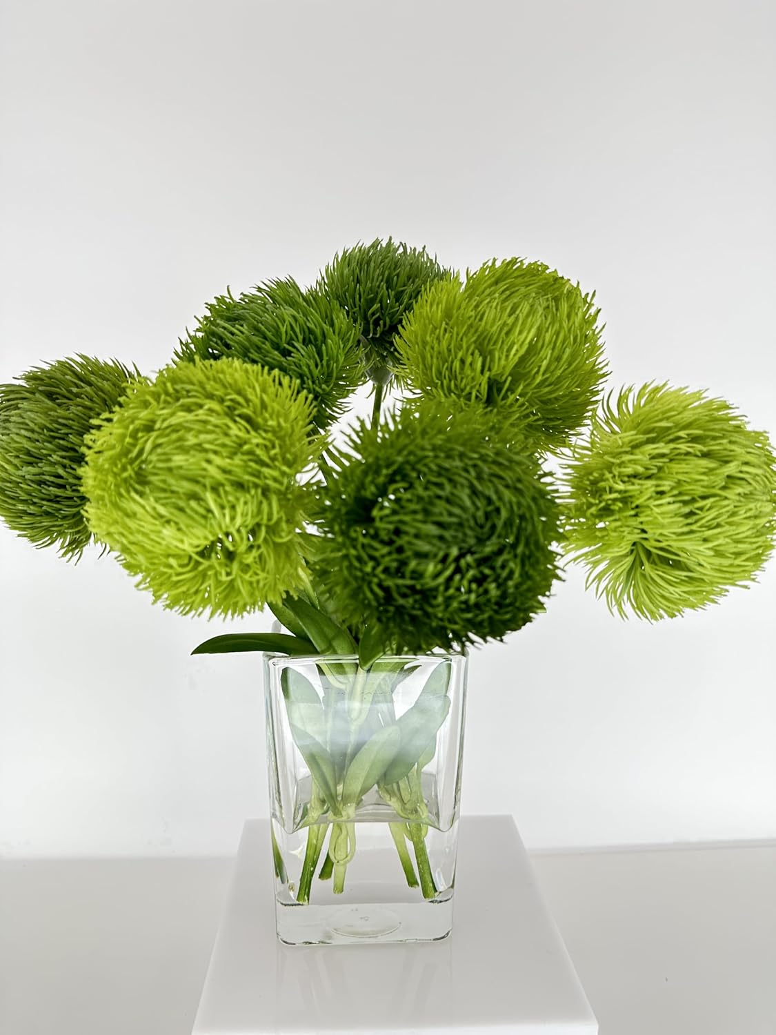 BLUE PARIS FLOWERS Green Real Touch Dianthus Arrangement, Modern Home/Office Decor, Artificial Faux Flower Centerpiece in Glass Vase for Home Decor Floral Gift