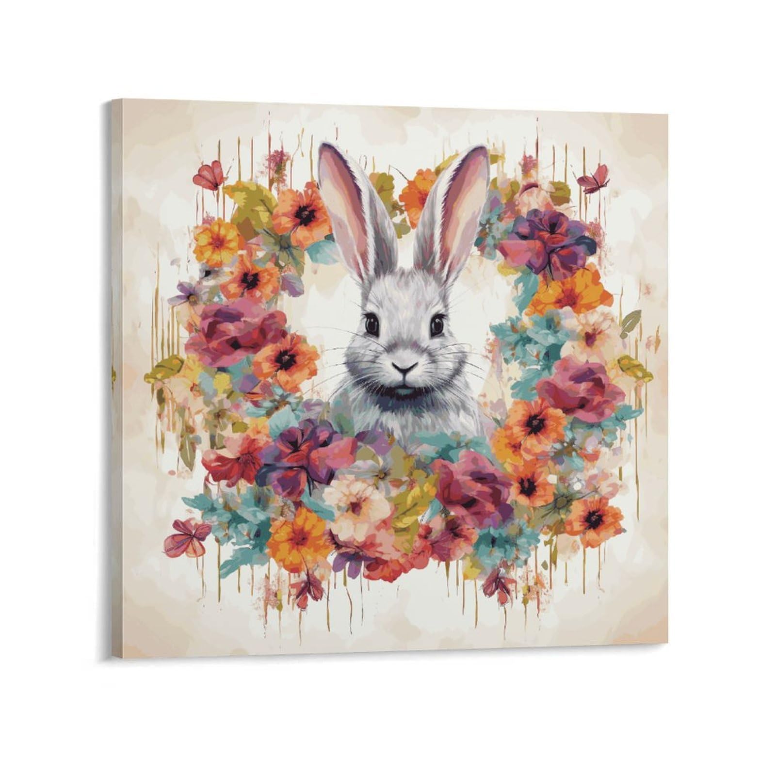 KLOPH Watercolor Rabbit And Flowers Canvas Wall Art for Living Room 08x8inch Modern Artwork Painting for Bathroom Hanging Canvas Prints Aesthetic Wallart for Bedroom Kitchen Office Wall Decor
