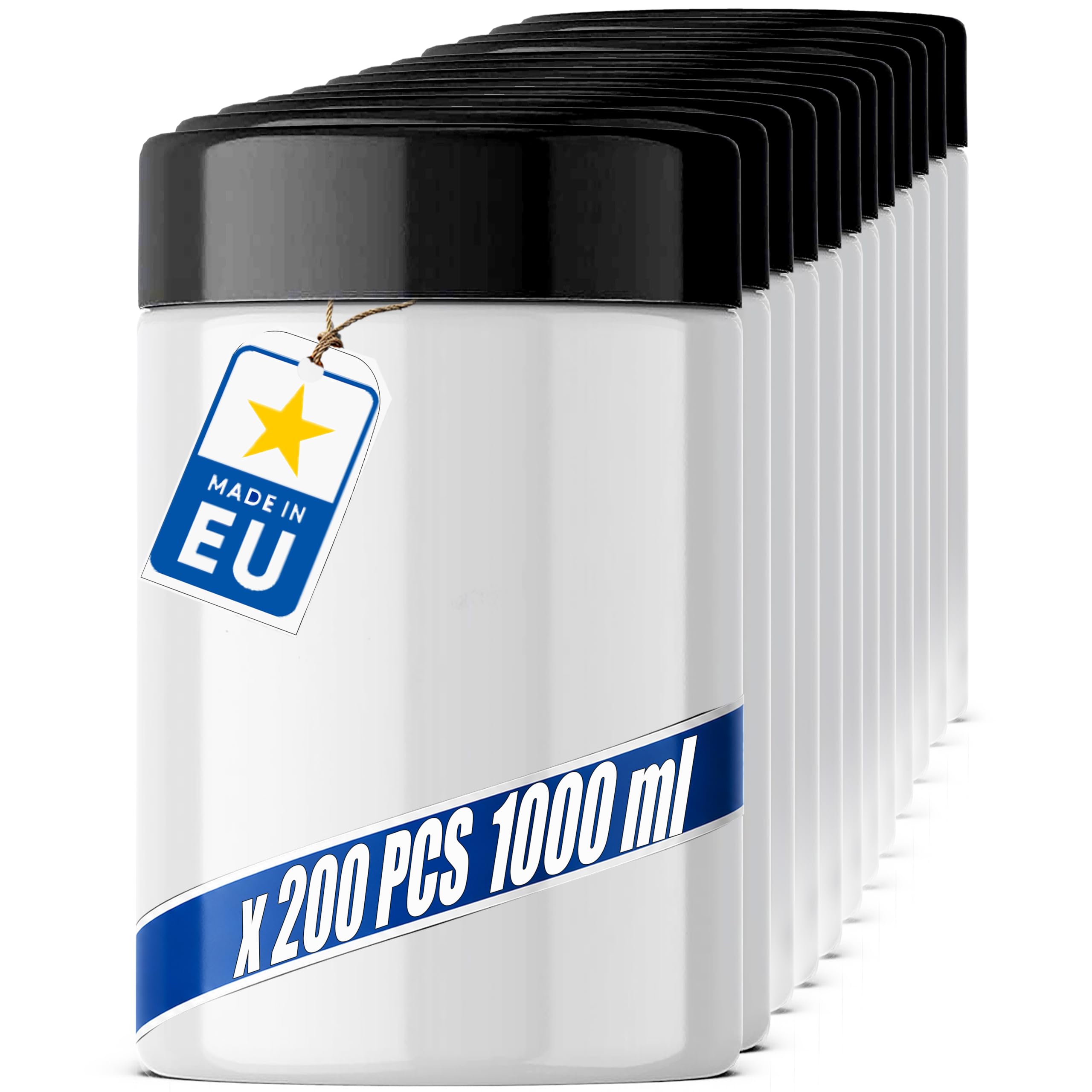 POSH Barattoli ermetici, 200 x 1 l, in PET per uso alimentare, con coperchio a vite, contenitori in plastica bianca con coperchio, per farina, caffè, tè, erbe, barattoli in plastica rotondi impilabili