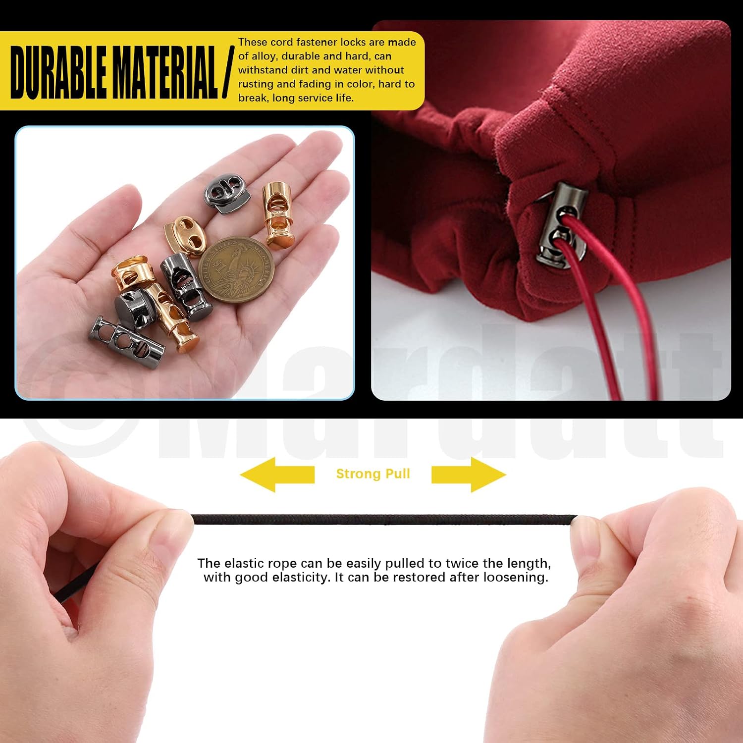 Mardatt 45Pcs Metal Cord Locks for Drawstrings, 4 Styles Single/Double Hole Spring Cord Toggles Stoppers, 3mm Bungee Cord, Threader, Tape Measure and Scissors for Shoelaces Bags (Gold, Gun-Black)