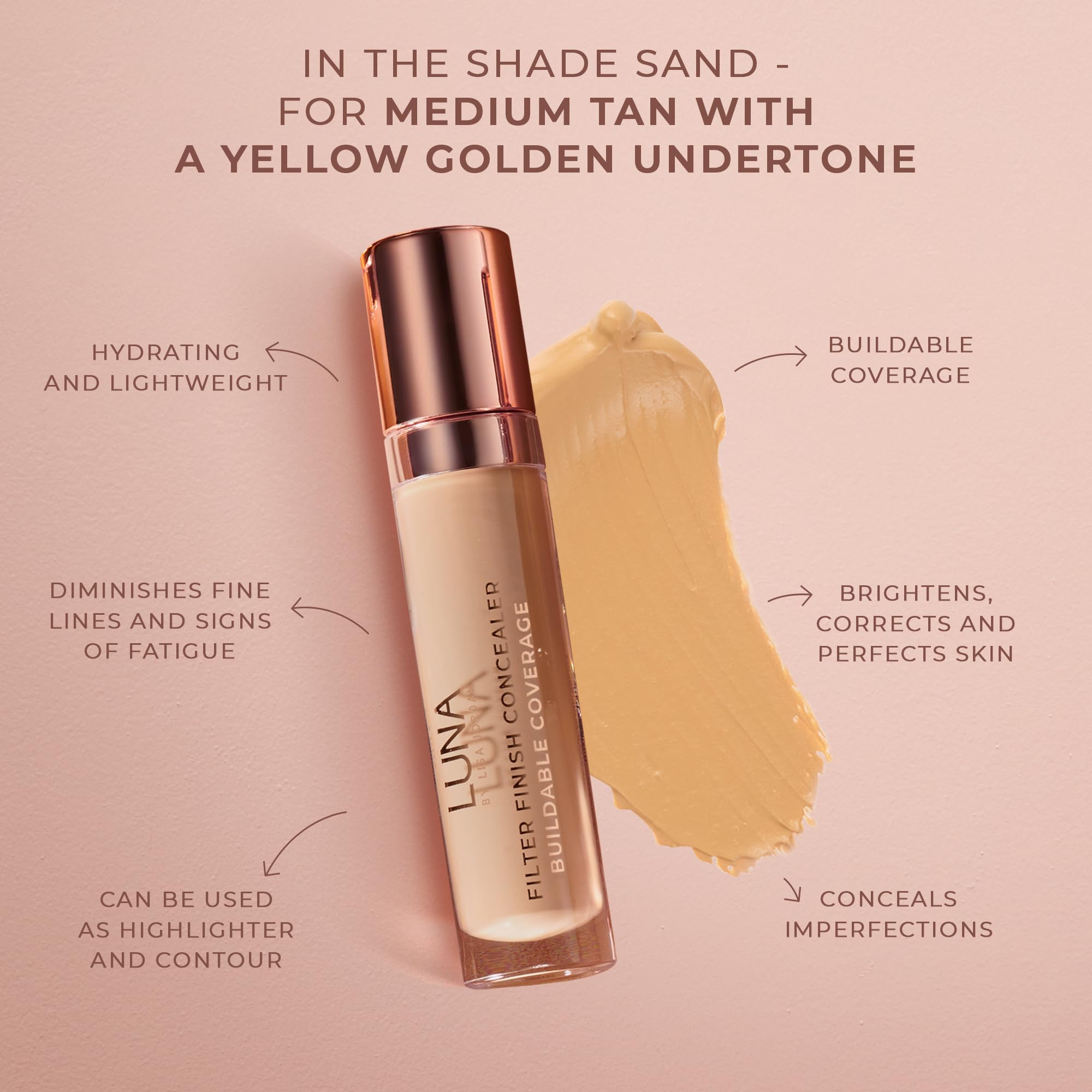 LUNA Filter Finish Concealer in SAND Shade, Hydrating Cream Concealer Contains Vitamin E, Hyaluronnic Acid and Glycerin - Image 3