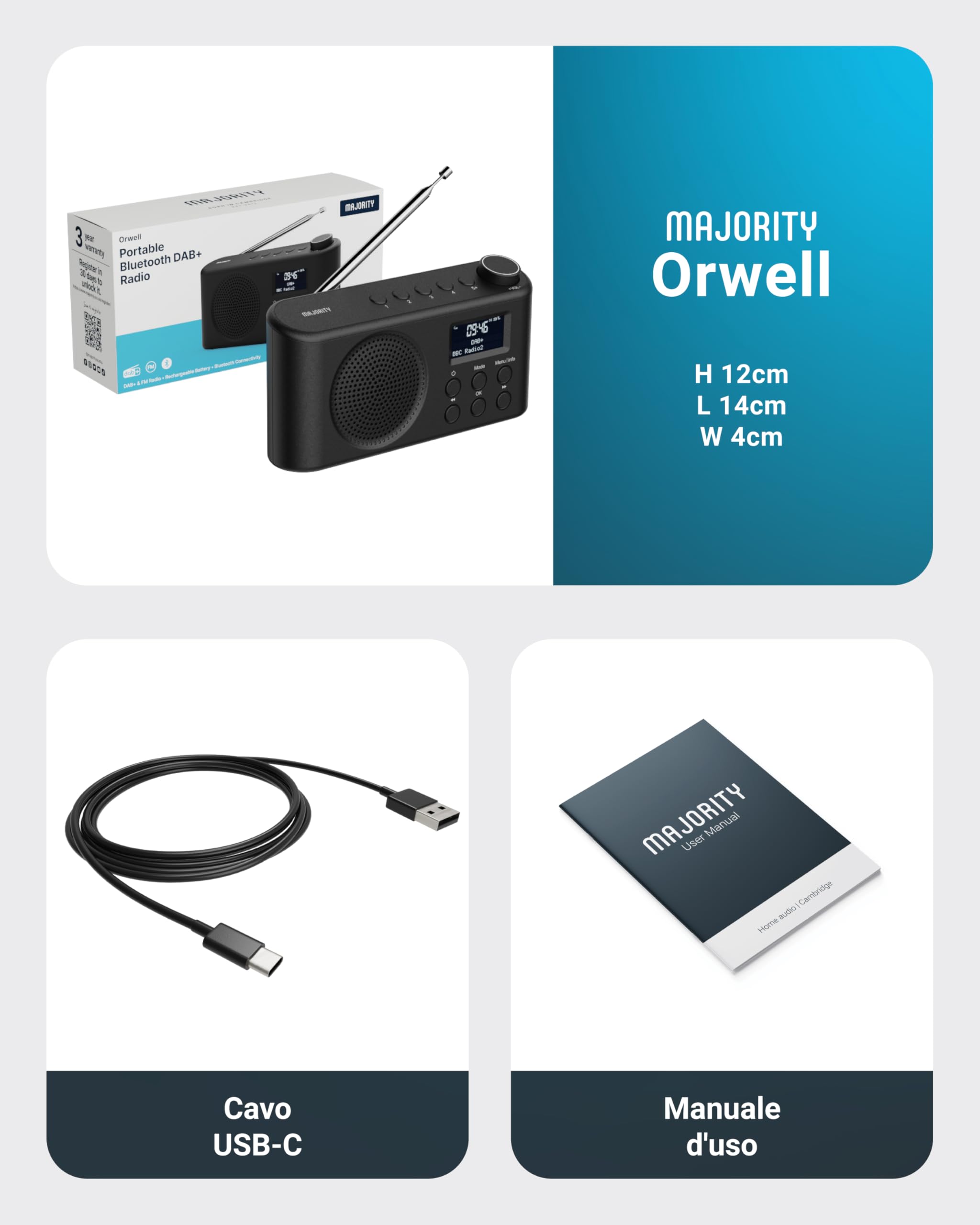 Radio Portatile DAB, DAB+, USB-C | Radio Bluetooth 5.3 Casa con Riproduzione di 12 Ore, Display a LED e Presa per le Cuffie | Majority Orwell