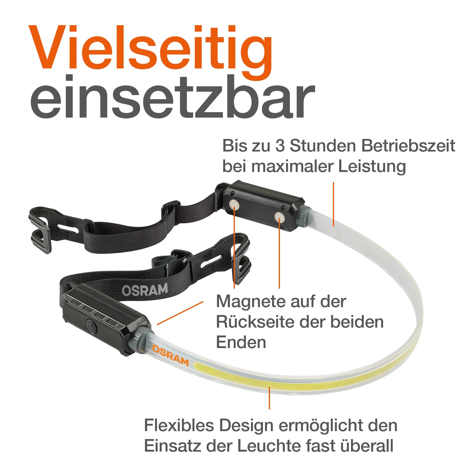 Osram LEDinspect Flexible Inspection Light, wiederaufladbare LED-Inspektionsleuchte, 6000K, Helligkeit bis zu 1000lm, abnehmbare elastische Bänder