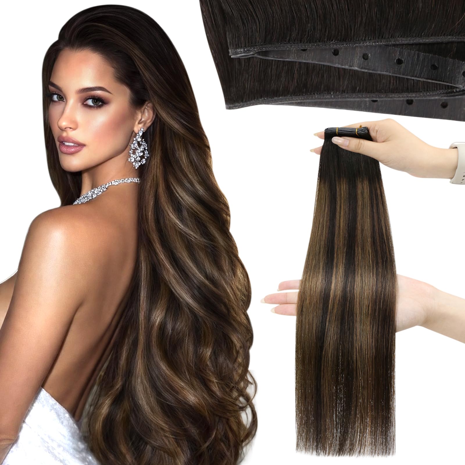 Moresoo Butterfly Weft Hair Extensions Remy Human Hair Ash Blonde Highlight Bleached Blonde 18 Inch OVO Weft Hair Extensions Human Hair Ash Blonde Highlight 100g/pack #18/613 — view 41