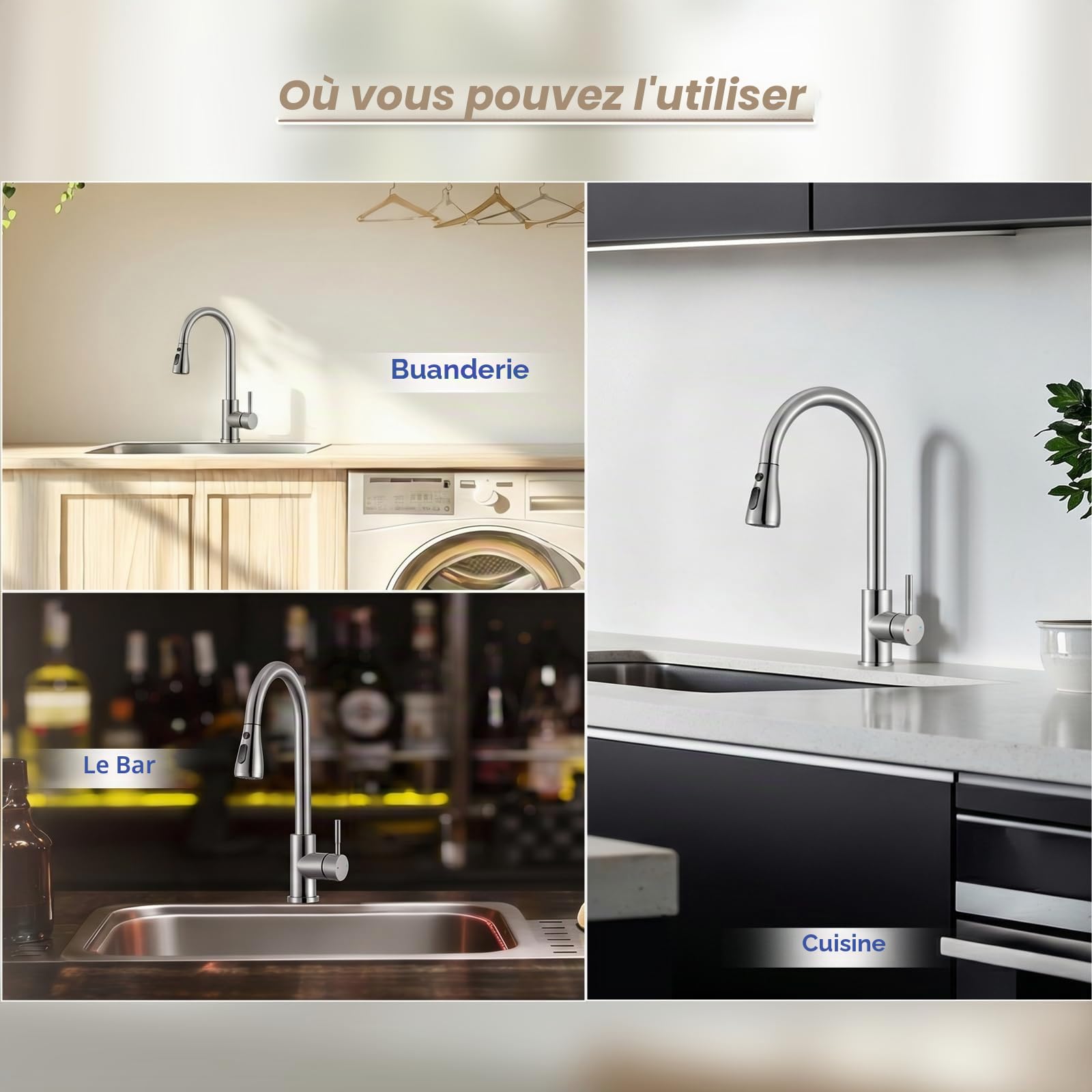 Robinet de cuisine extensible avec pivot flexible à 360°, robinet de cuisine haute pression pivotant, flexible en acier inoxydable pour la cuisine, 2 sorties d'eau