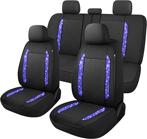 Miniatura 1 de CAROMOP Juego completo de fundas de asiento de automóvil de cuero con patrón de diamantes brillantes, fundas de asiento de ajuste universal para
