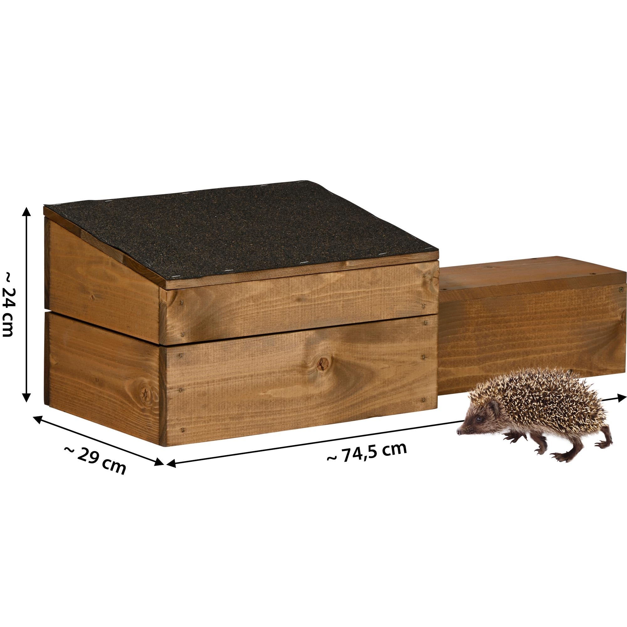 dobar® Igelhaus Bausatz - Igelhütte mit langem Eingang katzensicher - Igelhöhle Rattenklappe - Igelschlafhaus mit Bitumendach - Abnehmbares Dach - 74,5 x 29 x 24 cm - Braun
