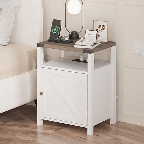 Miniatura 4 de Fameill Nightstands Set of 2, Night Stand with Charging Station, Bed Side Table with Storage Cabinet, Farmhouse End Table for Living Room with USB