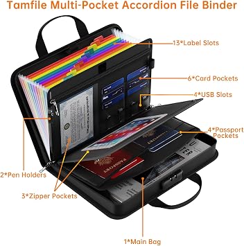 Tamfile Fireproof Important File Organiser with Lock, 13 Pockets Colorful