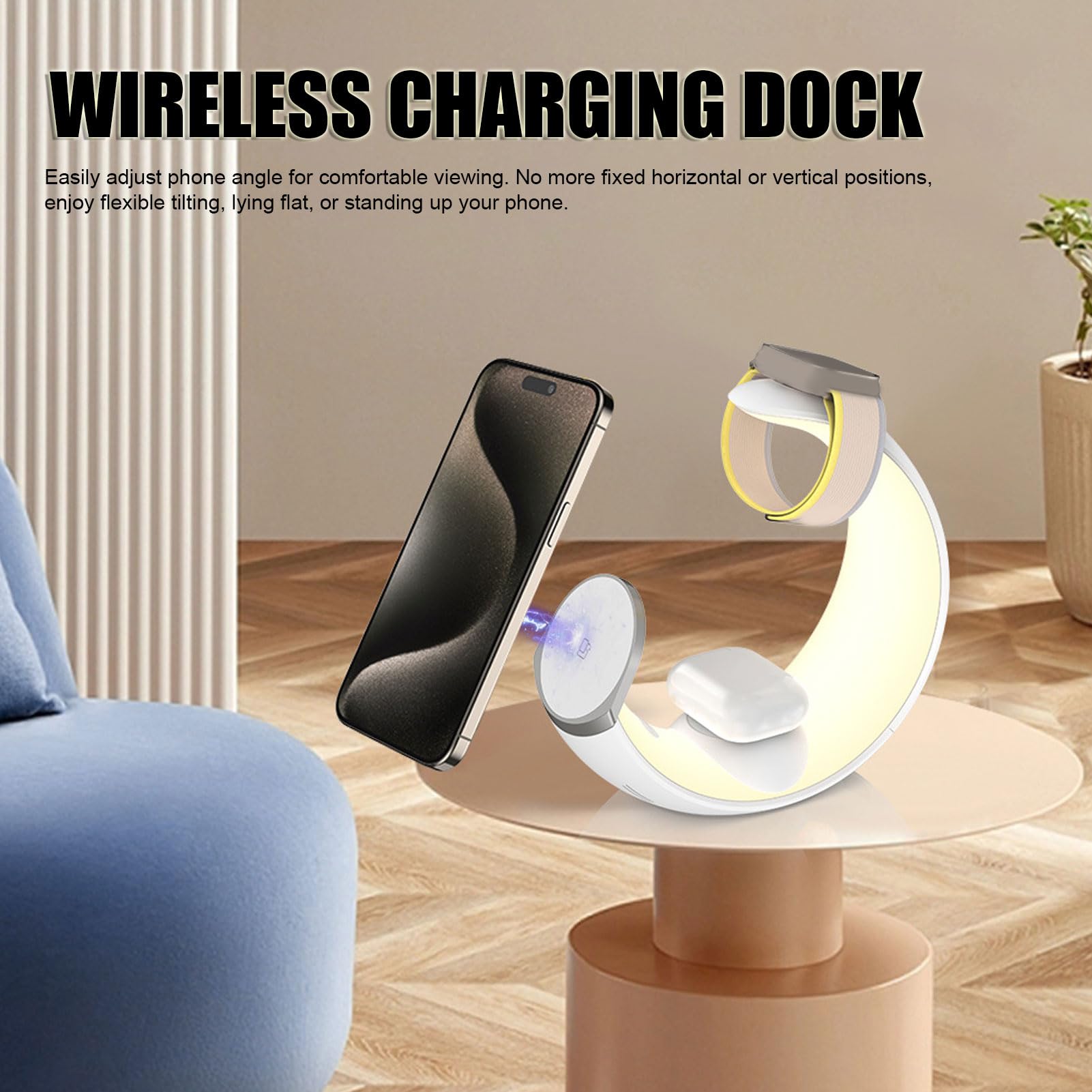 Stazione di Ricarica Wireless 3 in 1, Supporto di Ricarica Rapida da 15 W, Caricabatterie Wireless per Dispositivi Multipli con Lampada da Scrivania RGB per Camera da Letto,