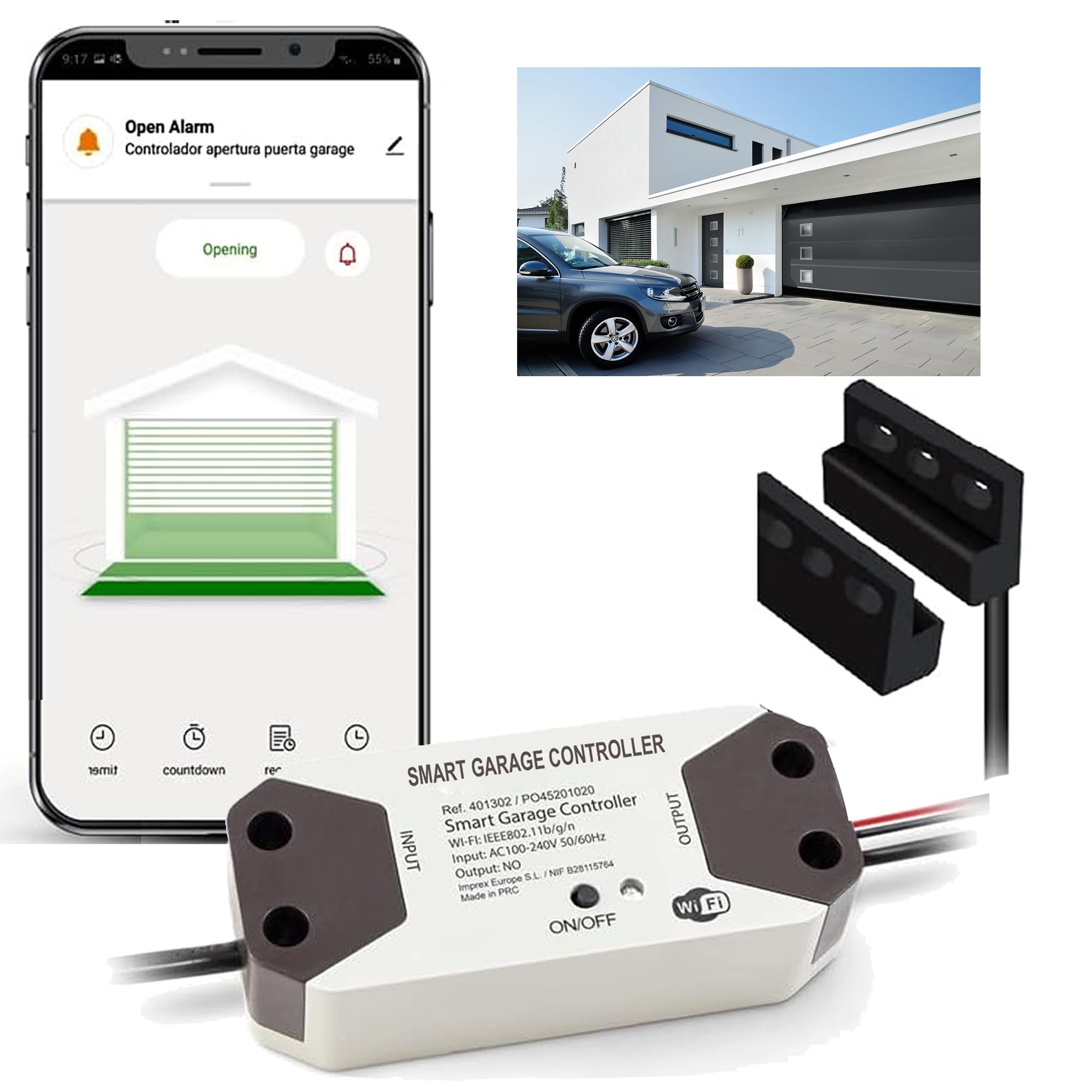DOMO-MATIC Controlador Inteligente de Puerta de Garaje WiFi 2.4 GHz compatible con Alexa, Google, Tuya, con Sensor de Estado, 220V 12-24VDC (220 V (EU PLUG))