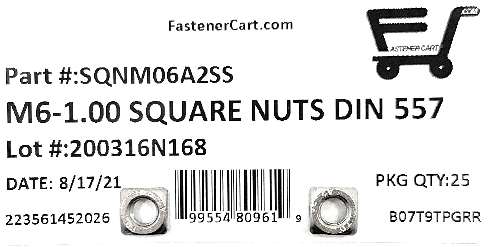 M6-1.00 Stainless Steel Square Nuts DIN557 A2 (25 Pcs)