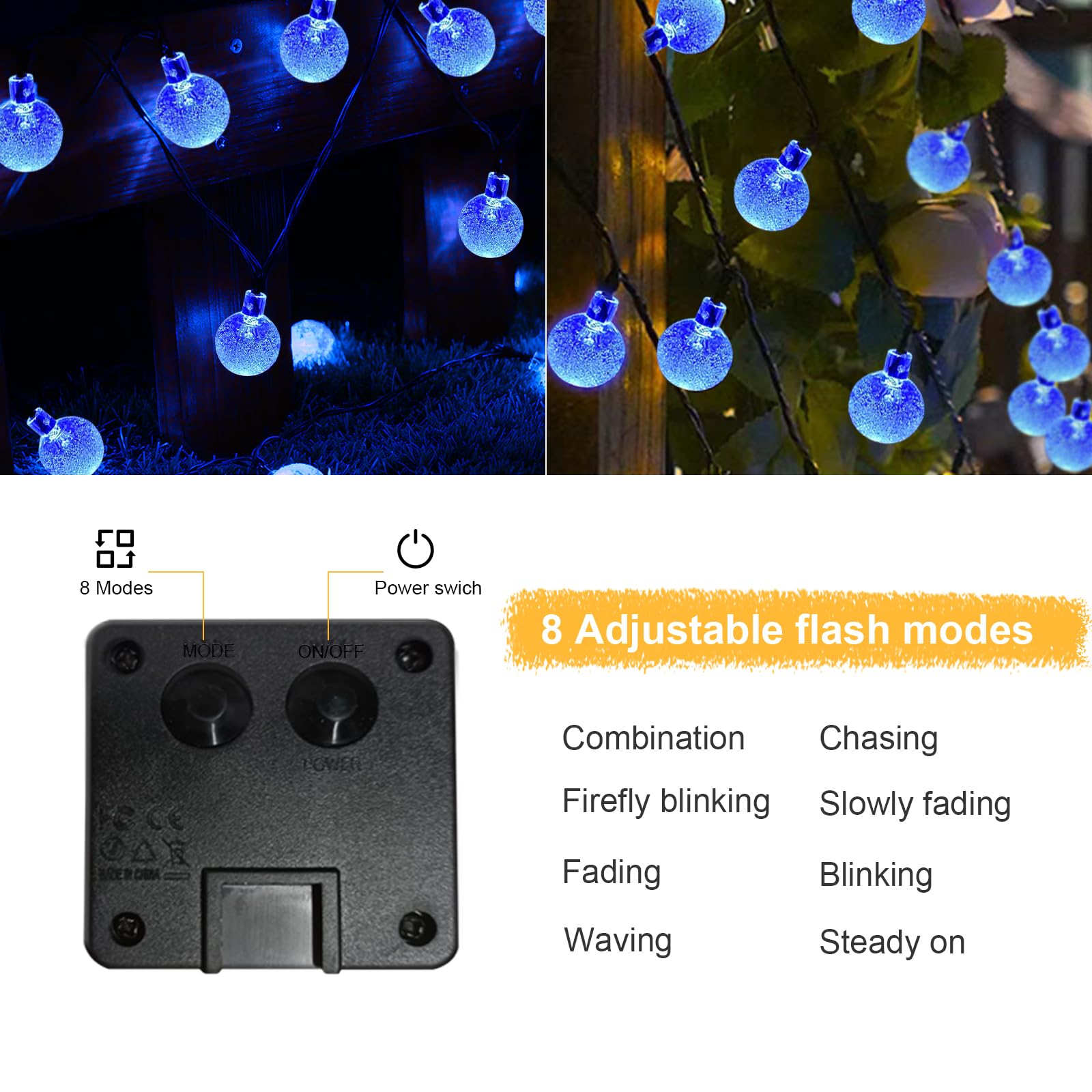 LQWELL® Catena di luci solari per esterni, giardino, luce a energia solare, sfere di cristallo, 30 LED, 8 m, IP44, 8 modalità, per esterni, giardino, terrazza (8M 30LED Blu)