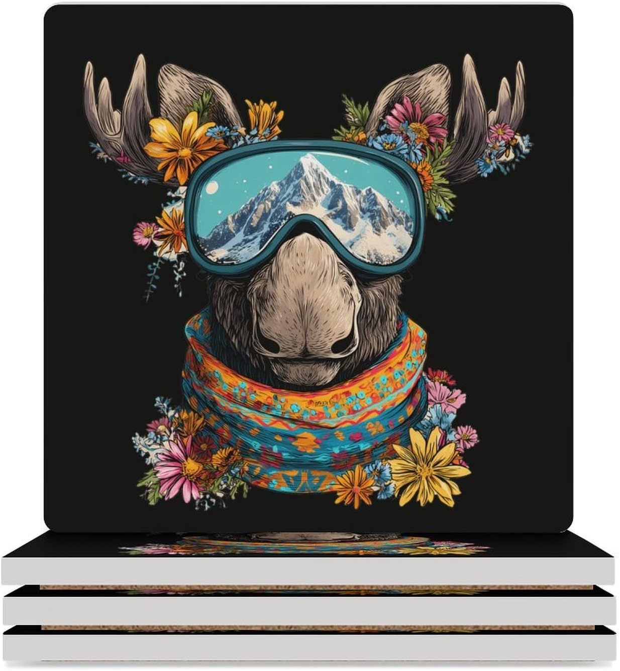 Moose Coaster for Drinks Square Ceramic Table Coasters Stone Mat Crafts 6PCS Home Kitchen Decor