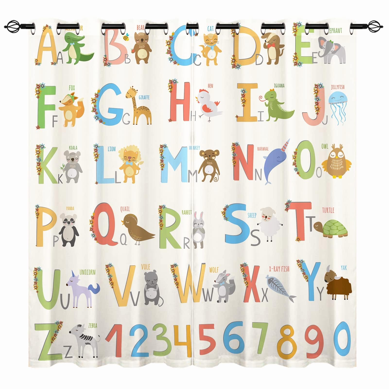 YUANZU ABC Curtains - Kids Boys Girls Eyelet Blackout Alphabet with Cartoon Animals Print Pattern Thermal Insulated Room Darkening Window Drapes for Nursery Baby Bedroom 2 Panels W132cm x D213cm โ image 1