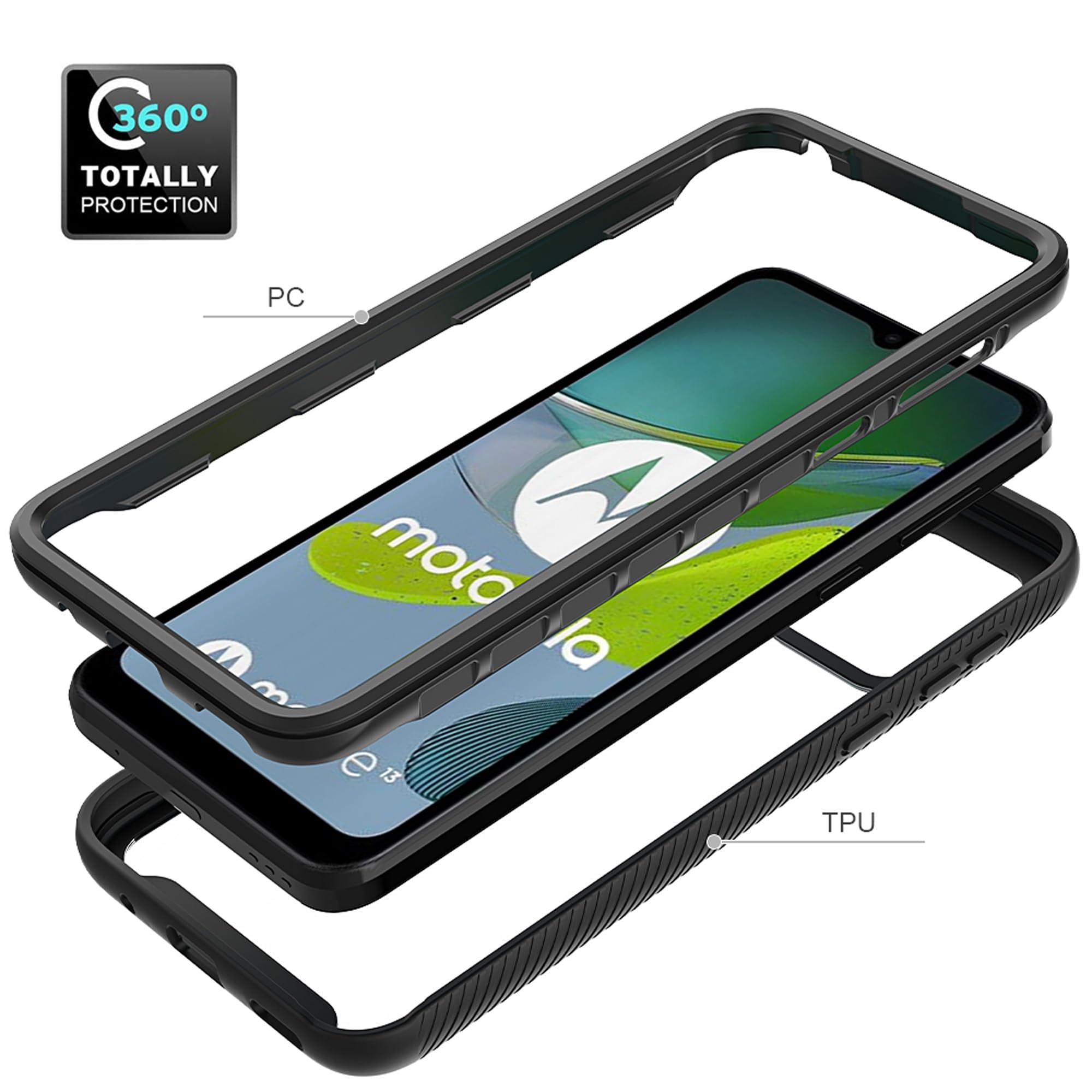 crisant Cover Per Motorola Moto E13, Nero Morbido TPU Anti-caduta Protettiva Custodia con Due Vetro Temperato Pellicola Protettiva Per Motorola Moto E13 6,5