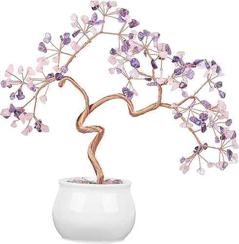 rockcloud Árbol de dinero Fengshui con piedra de cristal de cuarzo rosa de 8.5 pulgadas con base de cerámica para buena suerte, riqueza, hogar,