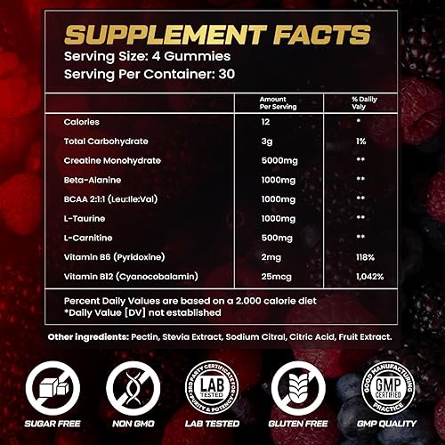 Miniatura 7 de Gomitas de monohidrato de creatina para hombres y mujeres, gomitas de creatina de 9000 mg sin azúcar, sabor mezclado con L-taurina, BCAA 21, B12 B6