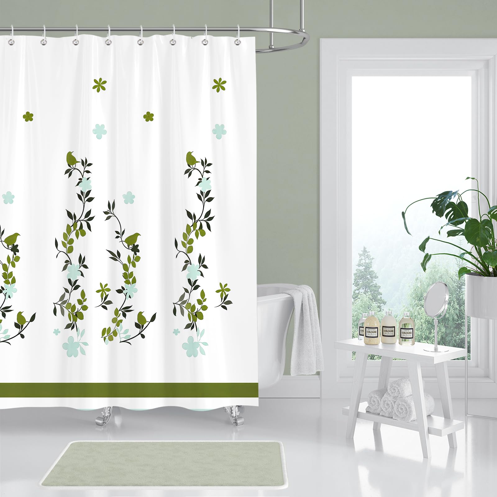 Hopomoon Green Birds Shower Curtain,Waterproof Polyester Fabric Leaves Fashion Bathroom Curtain with 12 Hooks,180 x 180 cm - Image 4