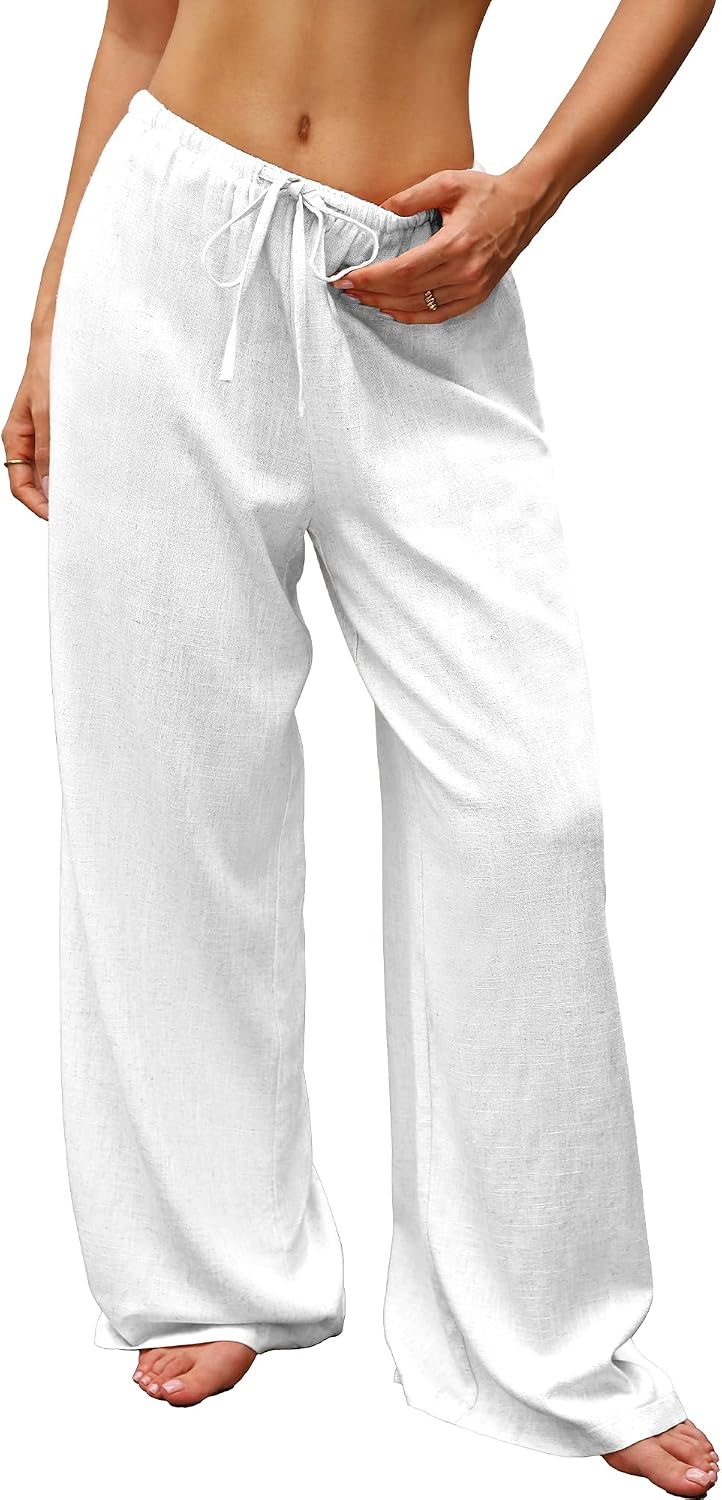 ELLEVEN Low Rise Linen Wide Leg Pants Women, Baggy Light Weight Palazzo Trousers Casual Spring Summer Beach Vacation Outfits