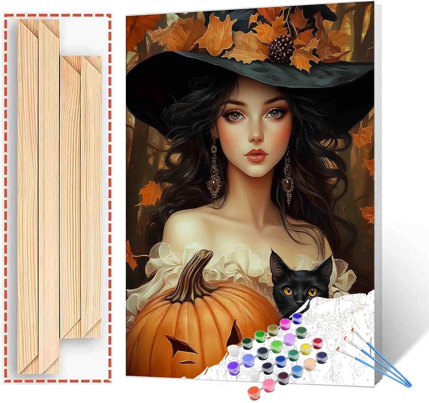 Tucocoo Witch and Black Cat Paint by Numbers for Adults Pumpkin Falling Leaves DIY Painting by Number on Canvas with Brushes & Acrylic Pigment Elegant Witch Home Decor 16x20inch Frame