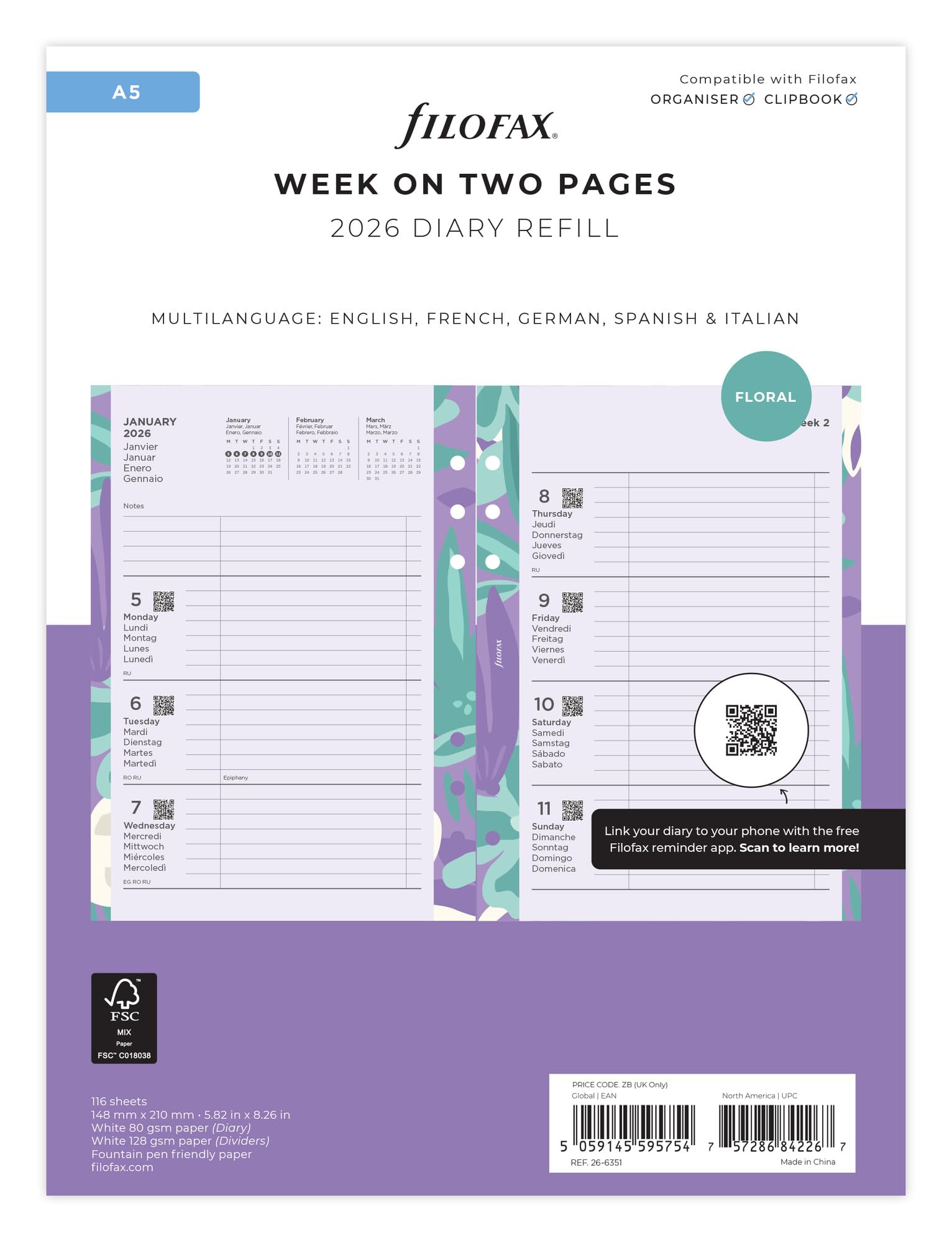 Filofax Kalender A5 Illustrated Diary Floral 1 Woche auf 2 Seiten (mehrsprachig) 2026