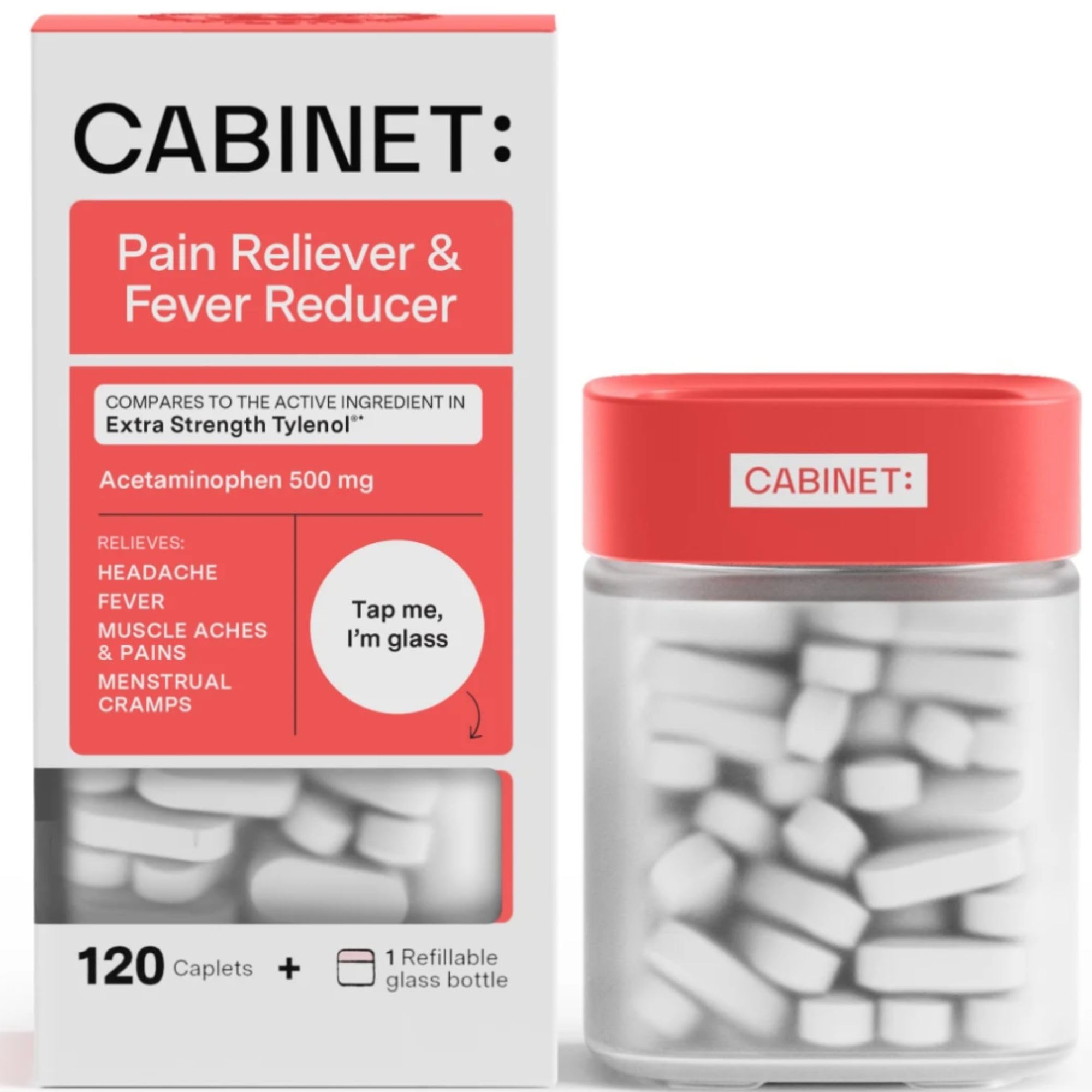 Cabinet: 500mg Acetaminophen for Headache Relief, Toothaches, Sore Throat, and Fever Reducer, Includes 1 Refillable Medicine Jar, 120 Tablets (Refillable Glass Jar)