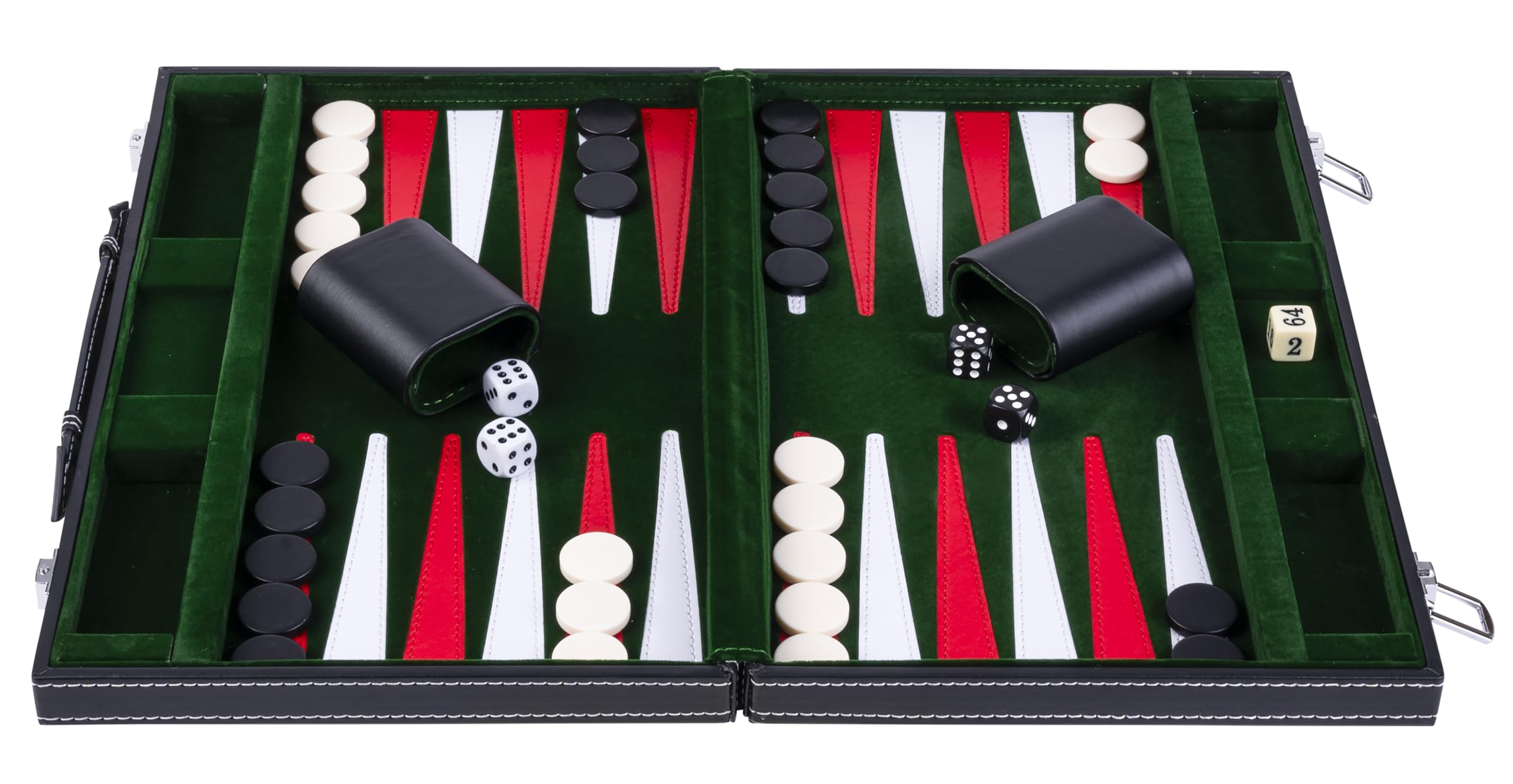 Engelhart – 250517 – Backgammon 15” (38 cm) in Similpelle Cucita – Tavola con Velluto e Cuciture – Aperta: 36x48 cm – Verde, Rosso, Bianco – Gioco da Tavolo Portatile per 2 Giocatori