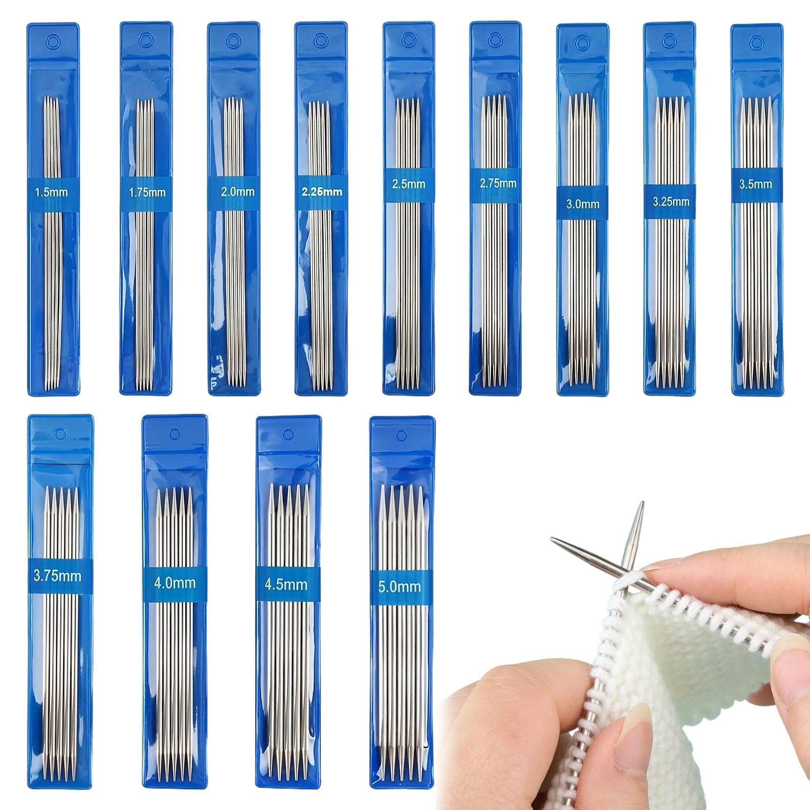 65 Pcs Double Pointed Knitting Needles Set,1.5-5.0mm Short Double Ended Knitting Needles for Sock,15cm Metal Straight Ne edles Starter Kit for Beginner,Metal K nitting Ne edles Pins Set