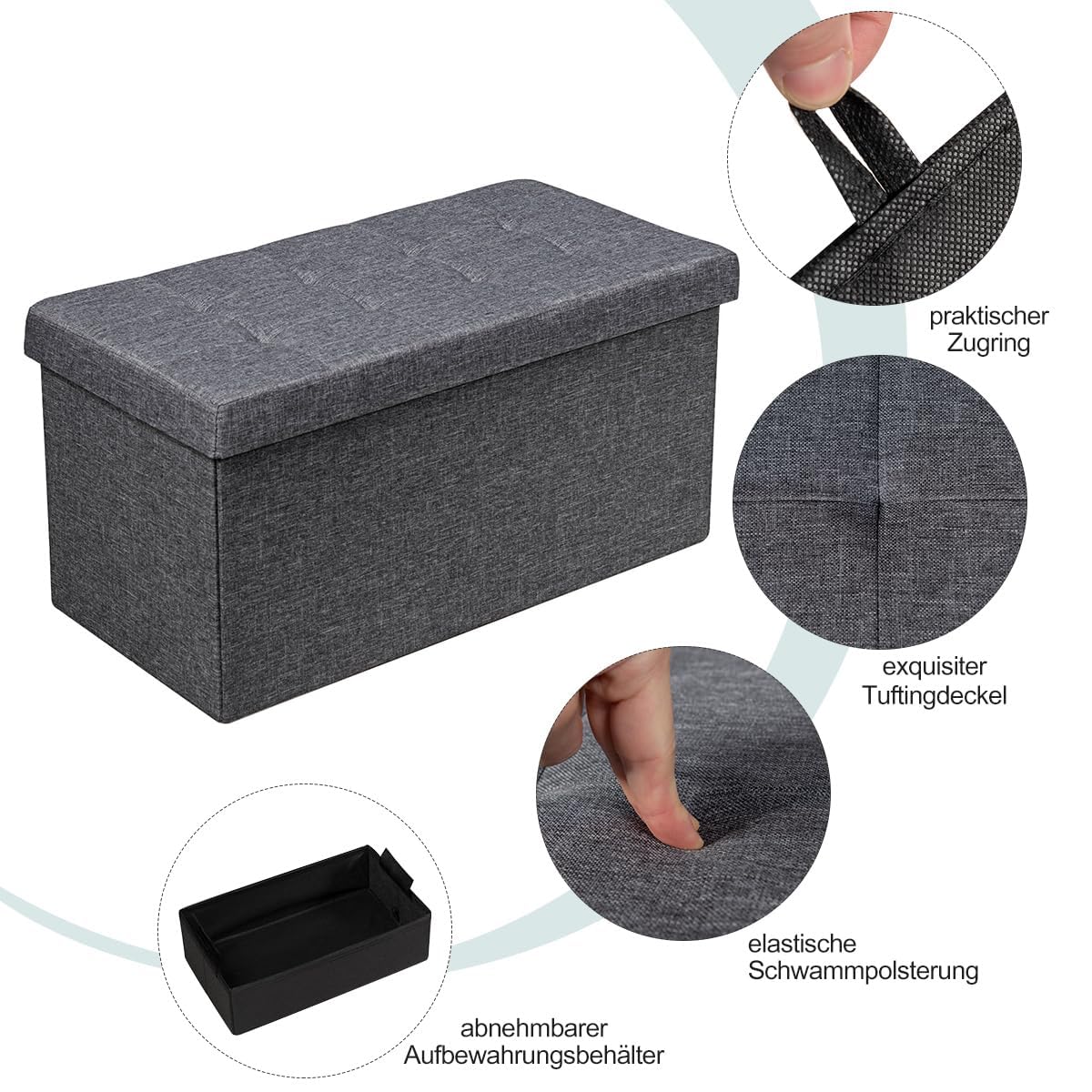 FANTASK Sitzhocker mit Stauraum, 80 cm x 40,5 cm x 40,5 cm Aufbewahrungsbox, klappbare Sitzbank, für Schlafzimmer & Eingangsbereich, dunkelgrau
