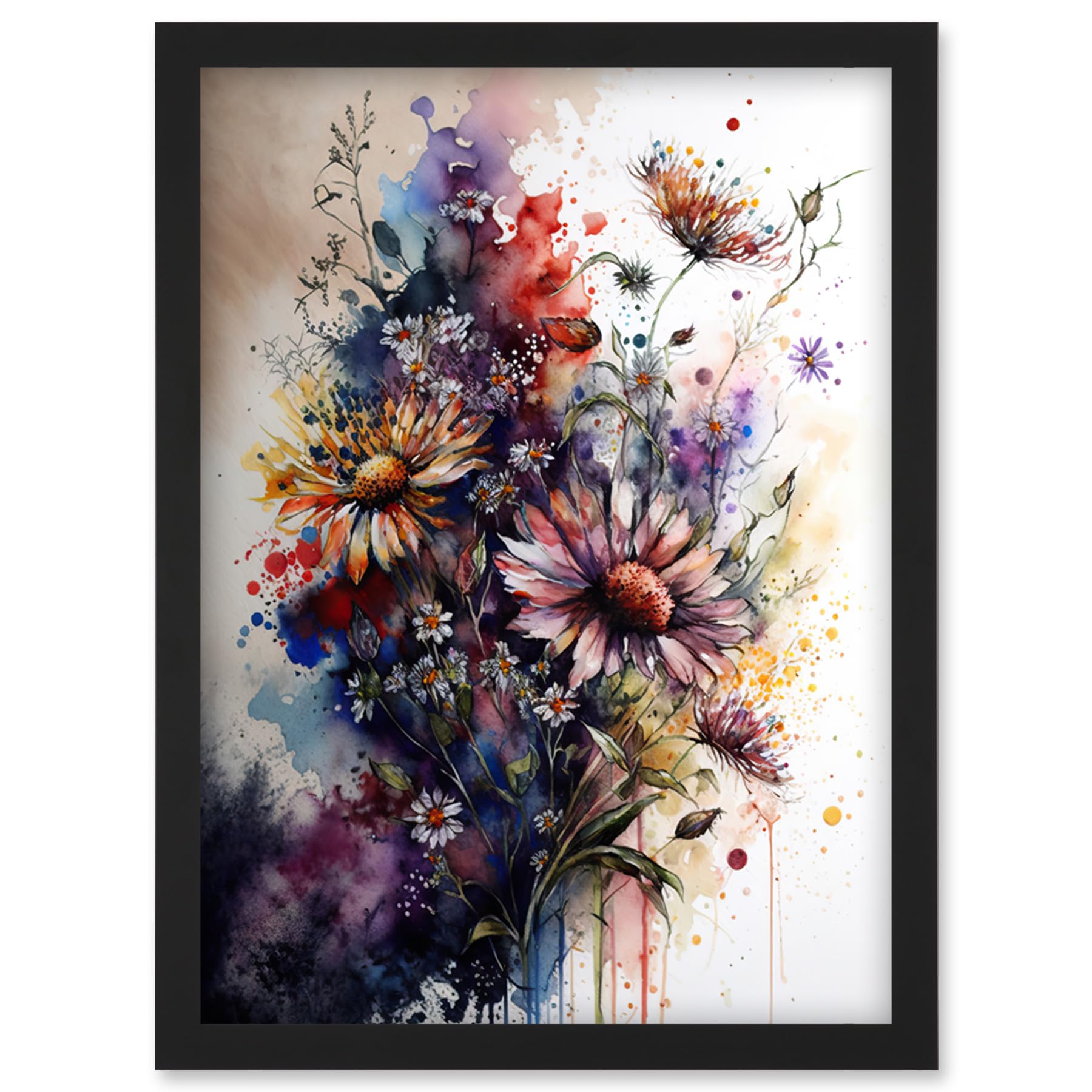 Artery8 Flower Bouquet over Watercolour Splat Illustration Artwork Framed Wall Art Print A4
