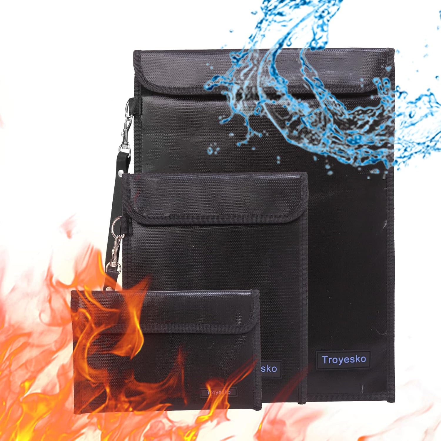 Security Fireproof Bags-3 Pack Fireproof Document Bag,Fire & Water Envelopes for A4 A5 Documents Holder,File,Cash,Jewelry,Passport,Tablet,Laptop (Black 15x11"+10x8"+8x5")